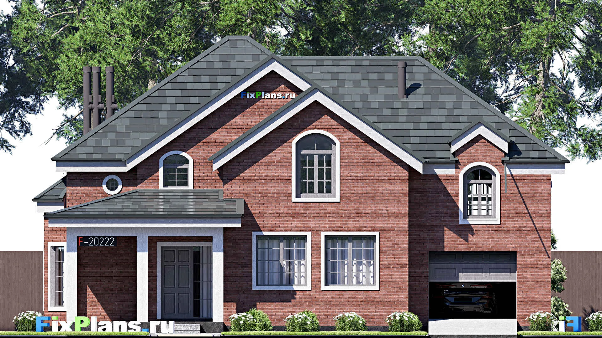 F-20222 - Проект дома с мансардой 13 на 15, площадью 220 м² с гаражом на 1 машину и 3 спальнями