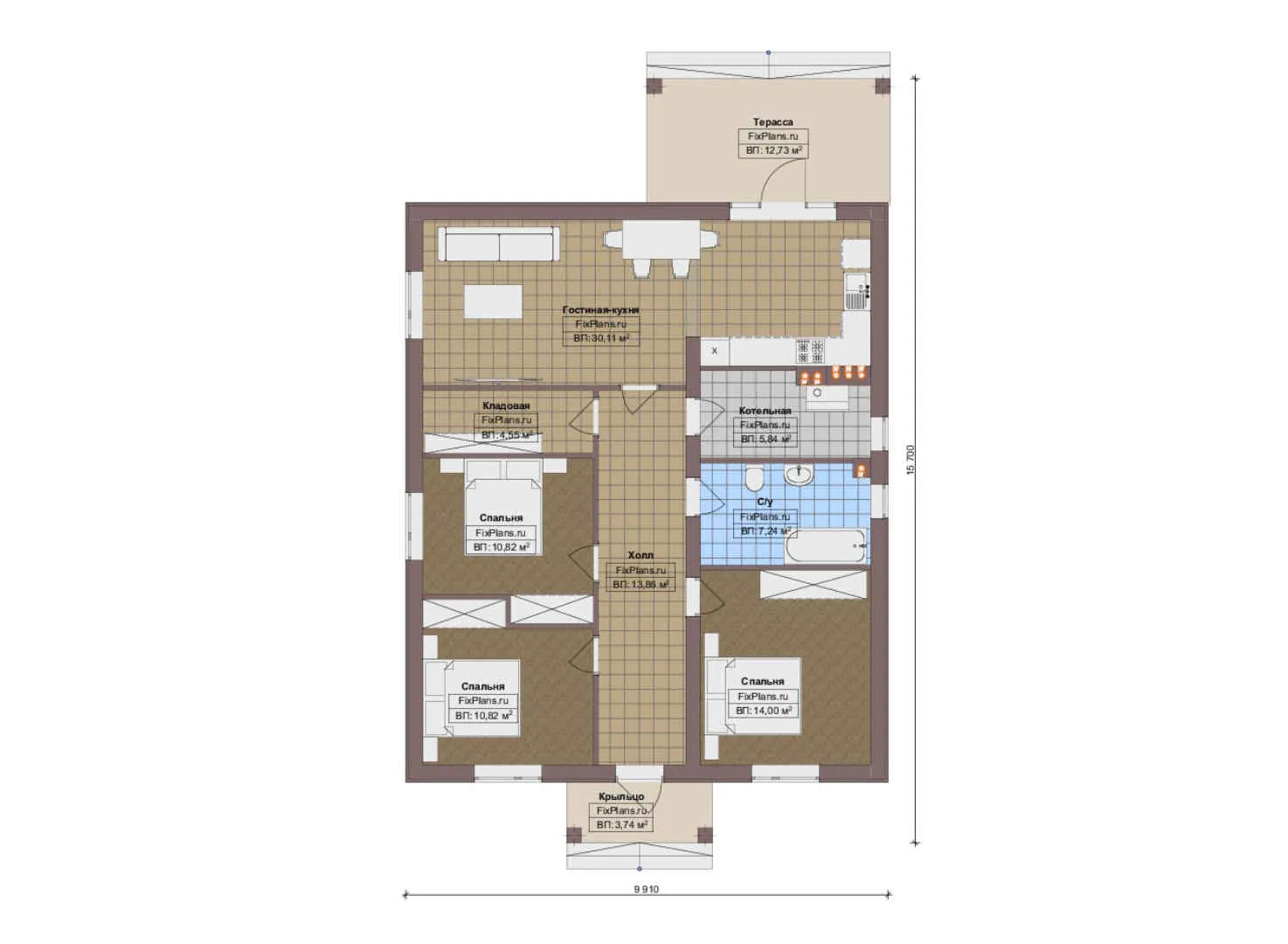 F-17999 - План одноэтажного дома 10 на 16, площадью 120 м² с террасой и 3 спальнями