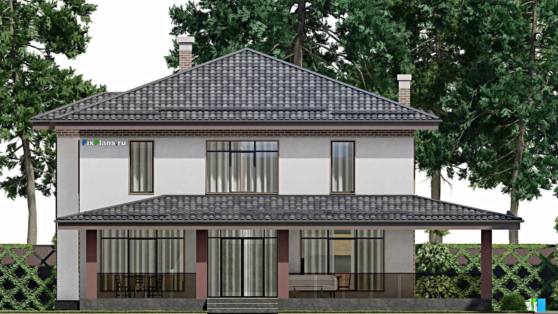 F-7352 - Планы двухэтажного дома 16 на 16, площадью 290 м² с террасой и 3 спальнями