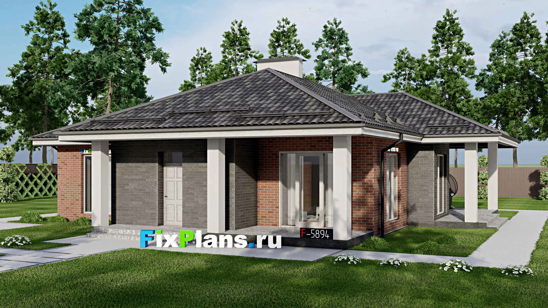 F-5894 - Проект одноэтажного дома 15 на 18, площадью 170 м² с террасой, баней и 3 спальнями