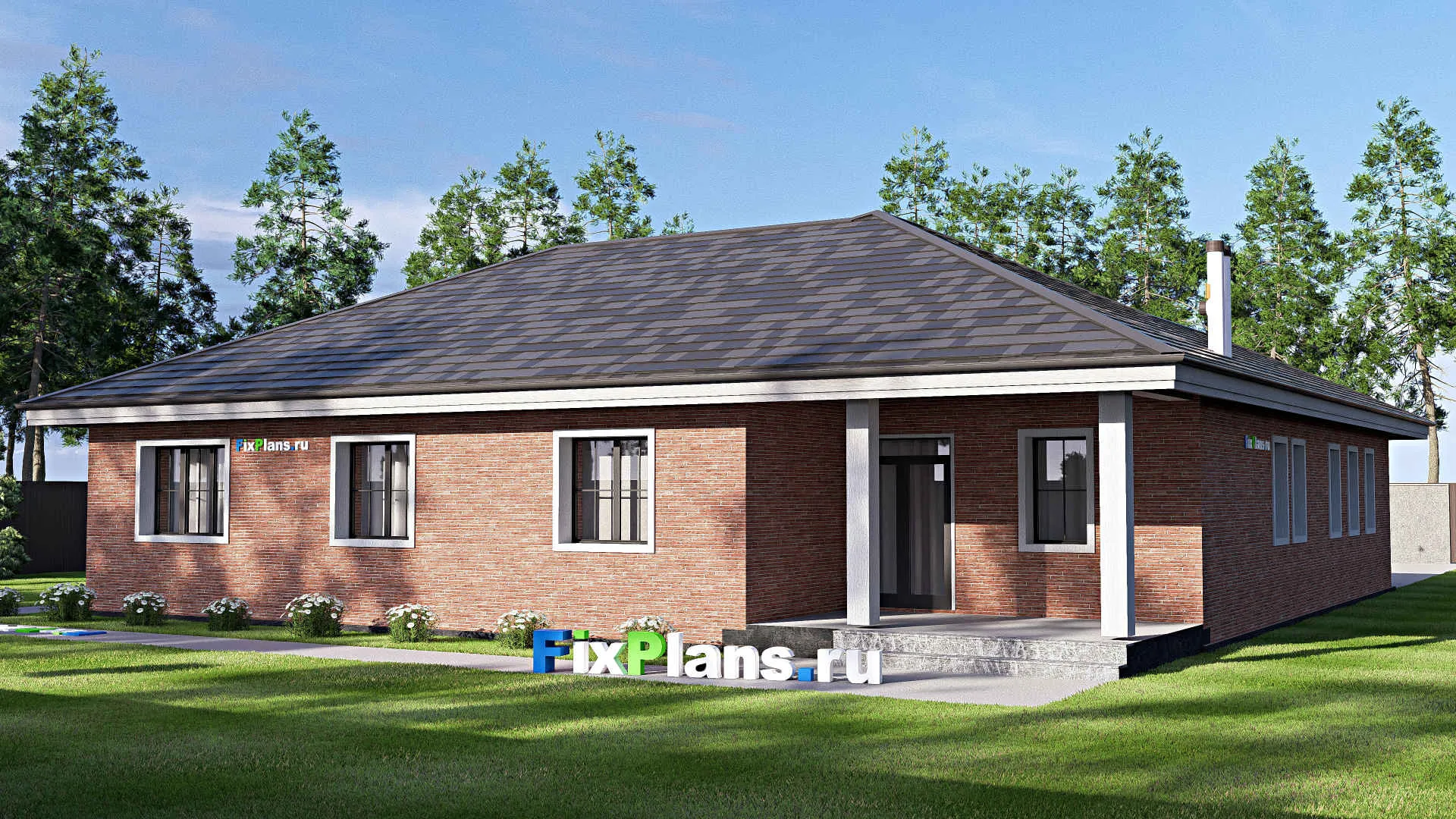 F-19700 - Проект одноэтажного дома 18 на 19, площадью 200 м² с террасой, гаражом на 2 машины и 2 спальнями