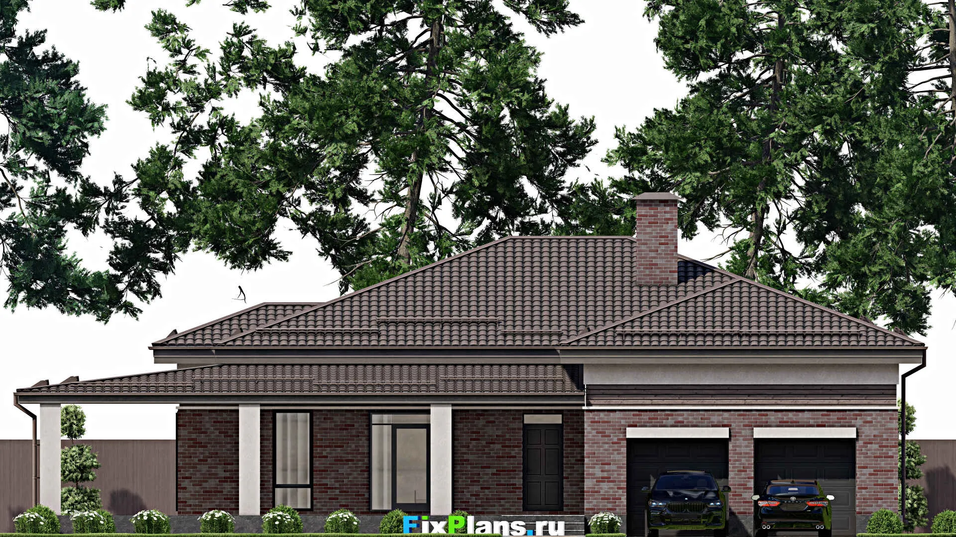 F-2465 - Проект одноэтажного дома 19 на 21, площадью 340 м² с террасой, гаражом на 2 машины и 3 спальнями