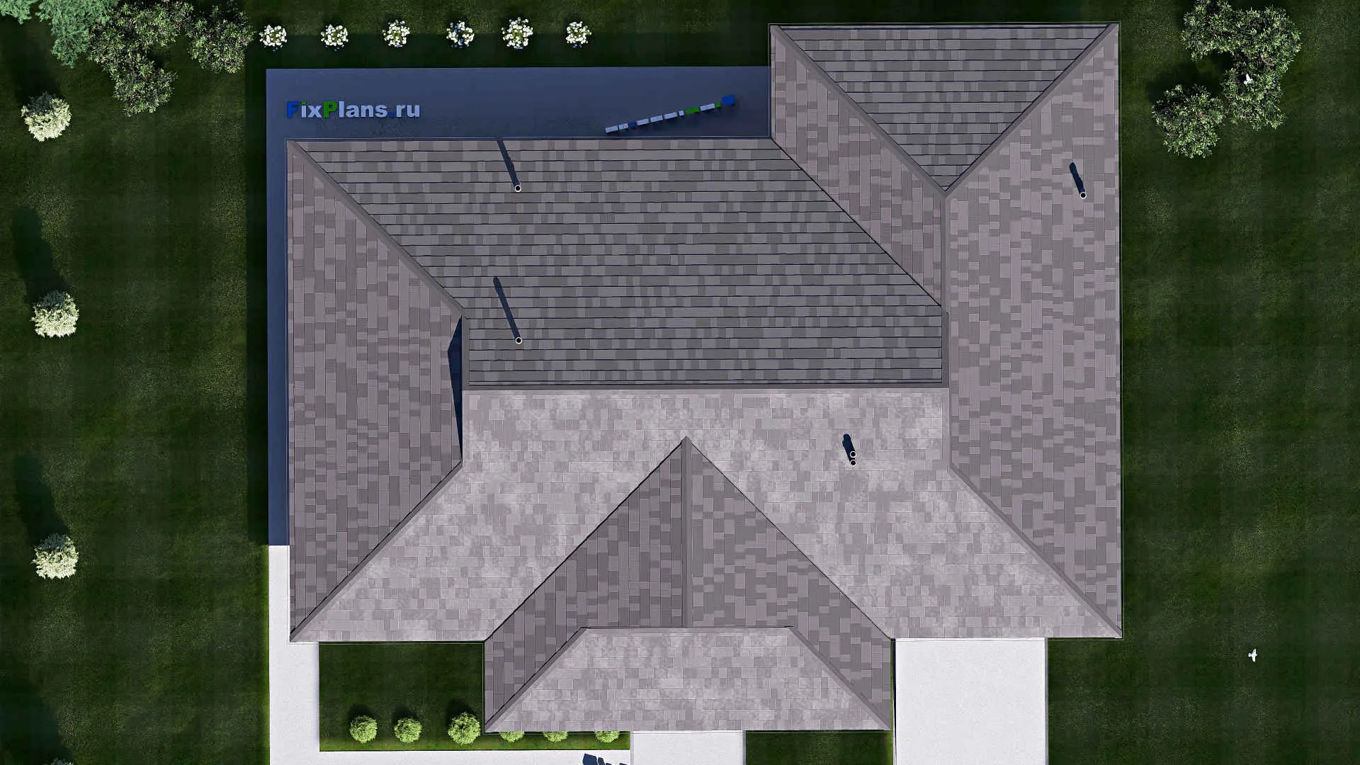 F-20096 - Проект одноэтажного дома 20 на 24, площадью 320 м² с террасой, гаражом на 2 машины и 5 спальнями