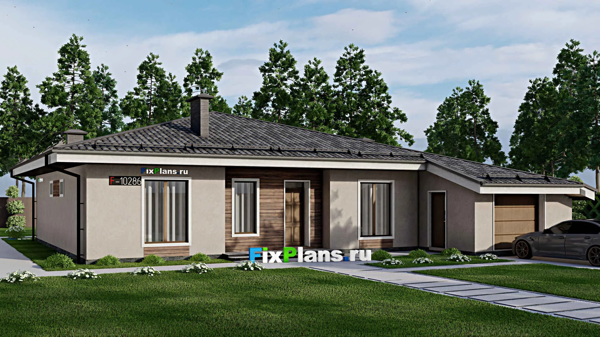 F-10286 - Проект одноэтажного дома 18 на 20, площадью 190 м² с террасой, гаражом на 1 машину и 4 спальнями