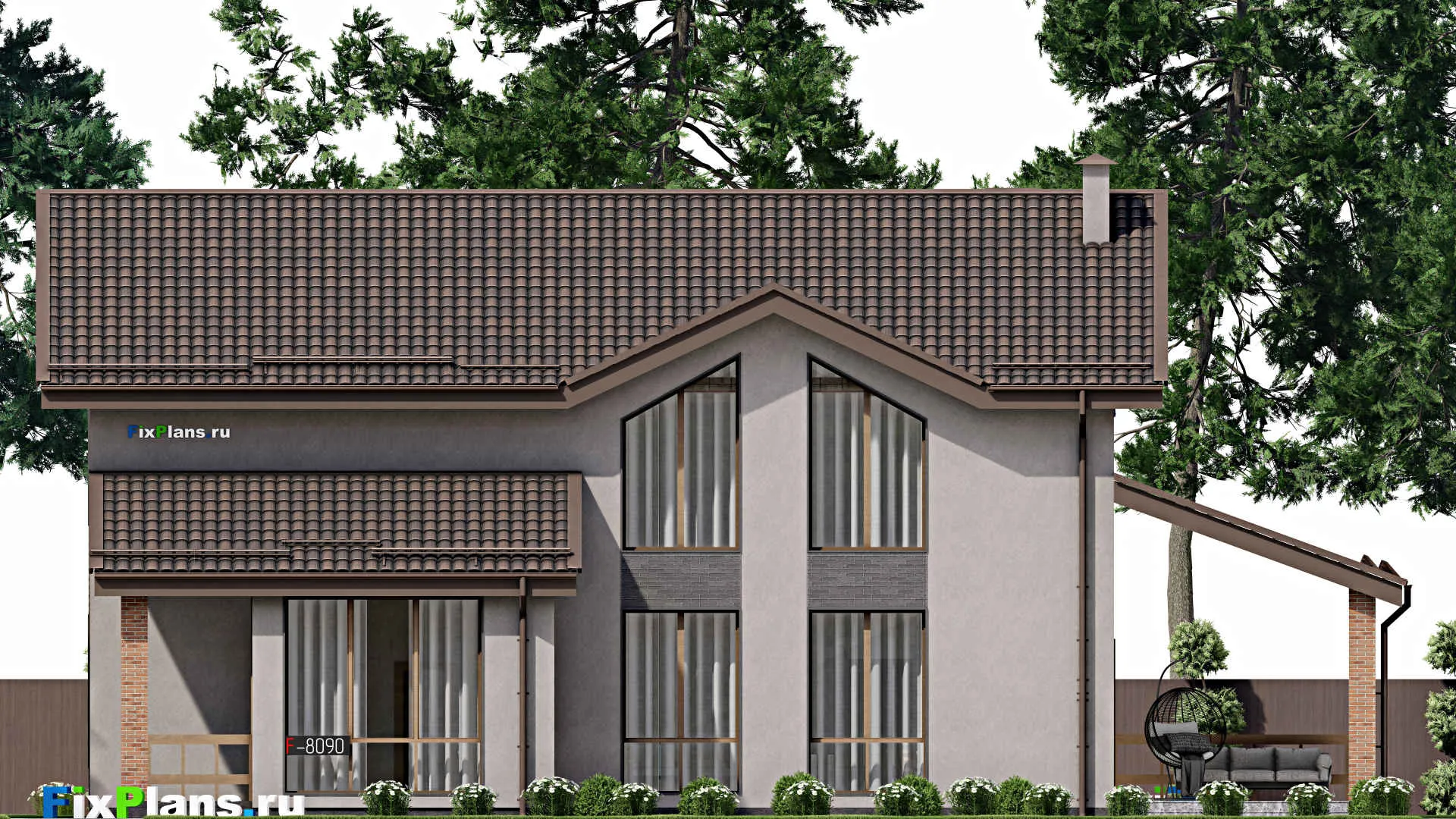 F-8090 - Проект дома с мансардой 14 на 20, площадью 290 м² с террасой и 4 спальнями