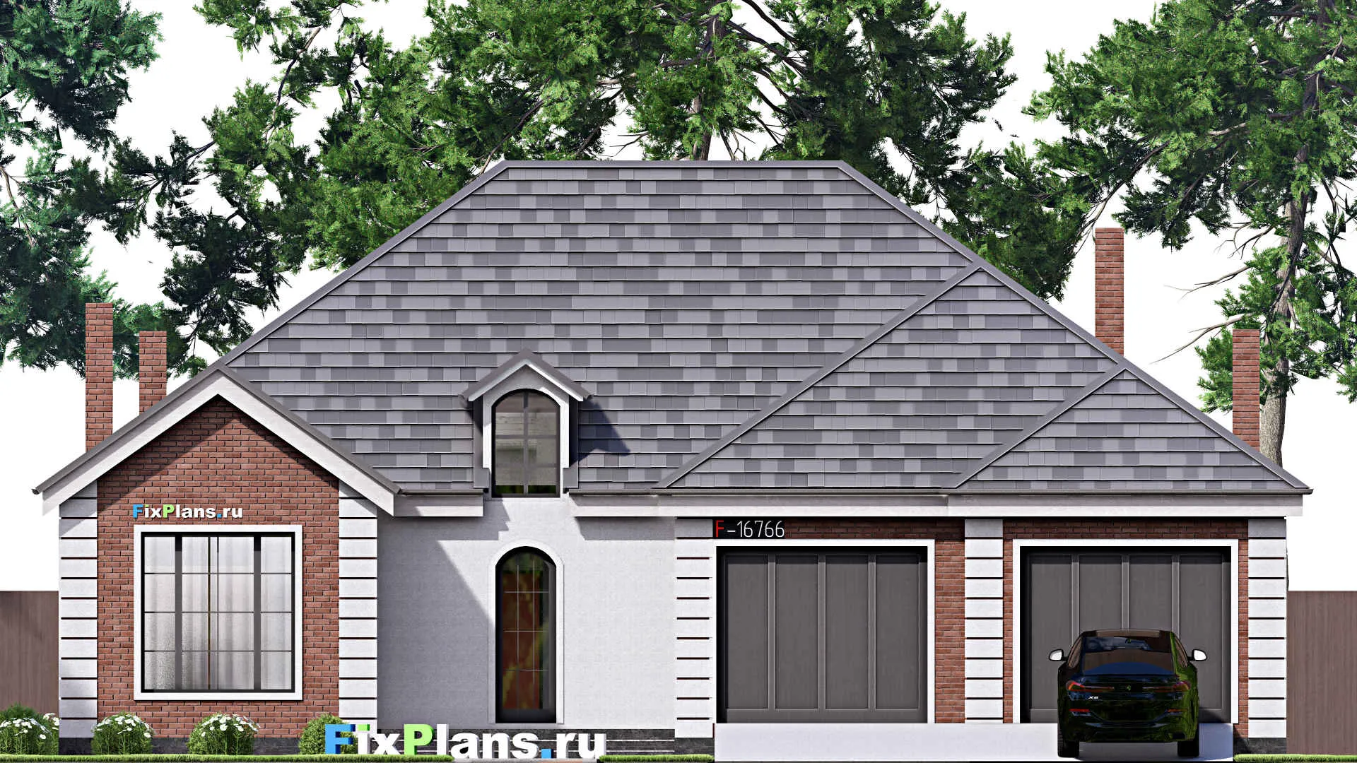 F-16766 - Проект одноэтажного дома 18 на 26, площадью 300 м² с террасой, гаражом на 2 машины и 3 спальнями