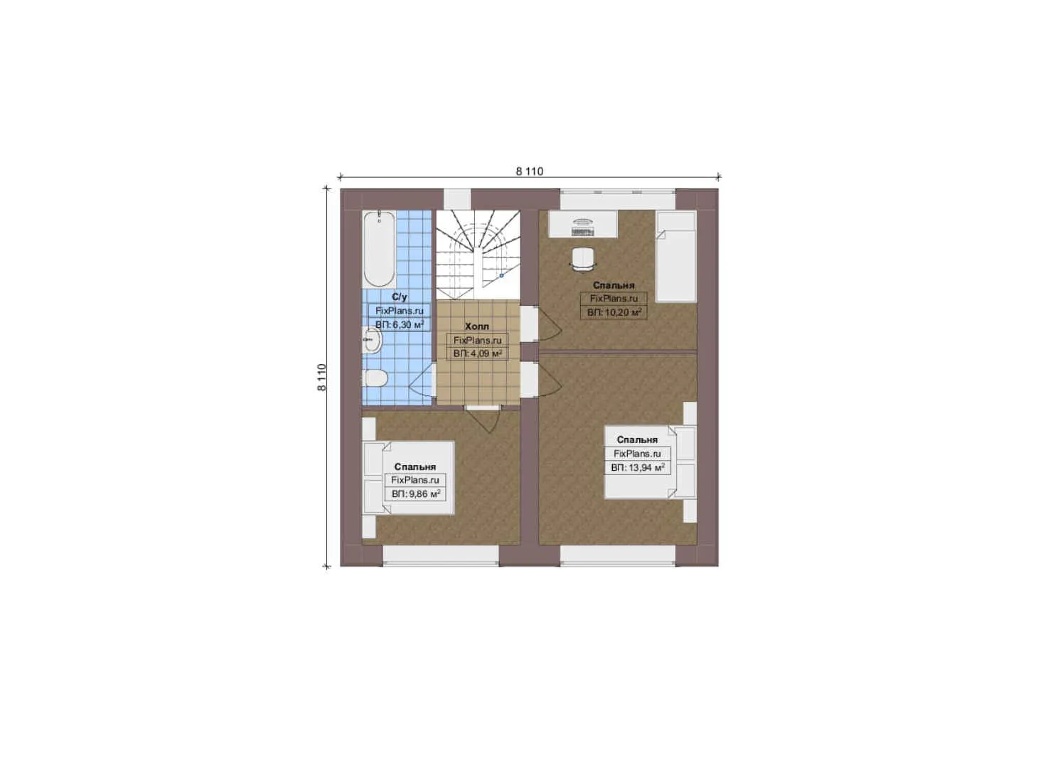 F-14183 - Планы дома с мансардой 9 на 10, площадью 100 м² с 3 спальнями