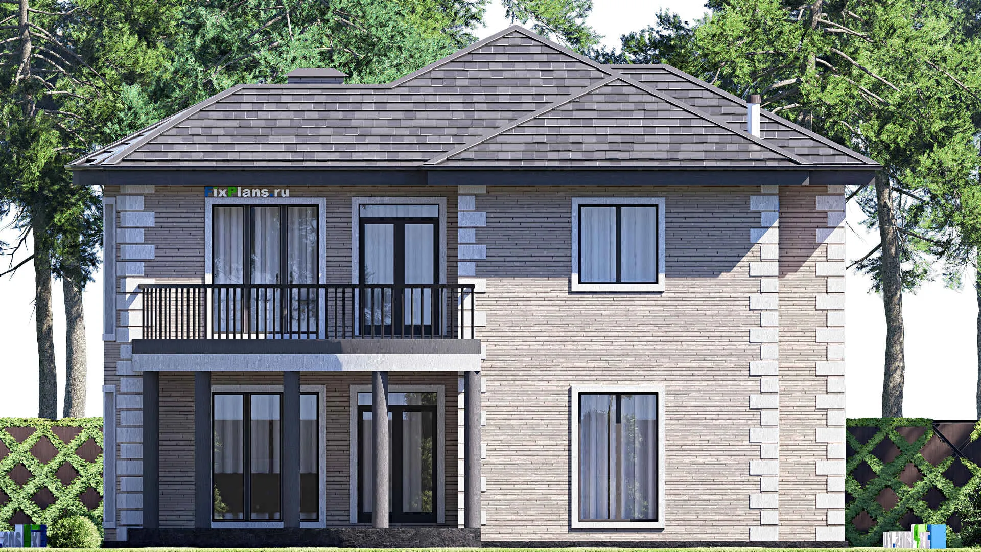 F-20519 - Планы двухэтажного дома 14 на 18, площадью 250 м² с террасой, балконом и 5 спальнями