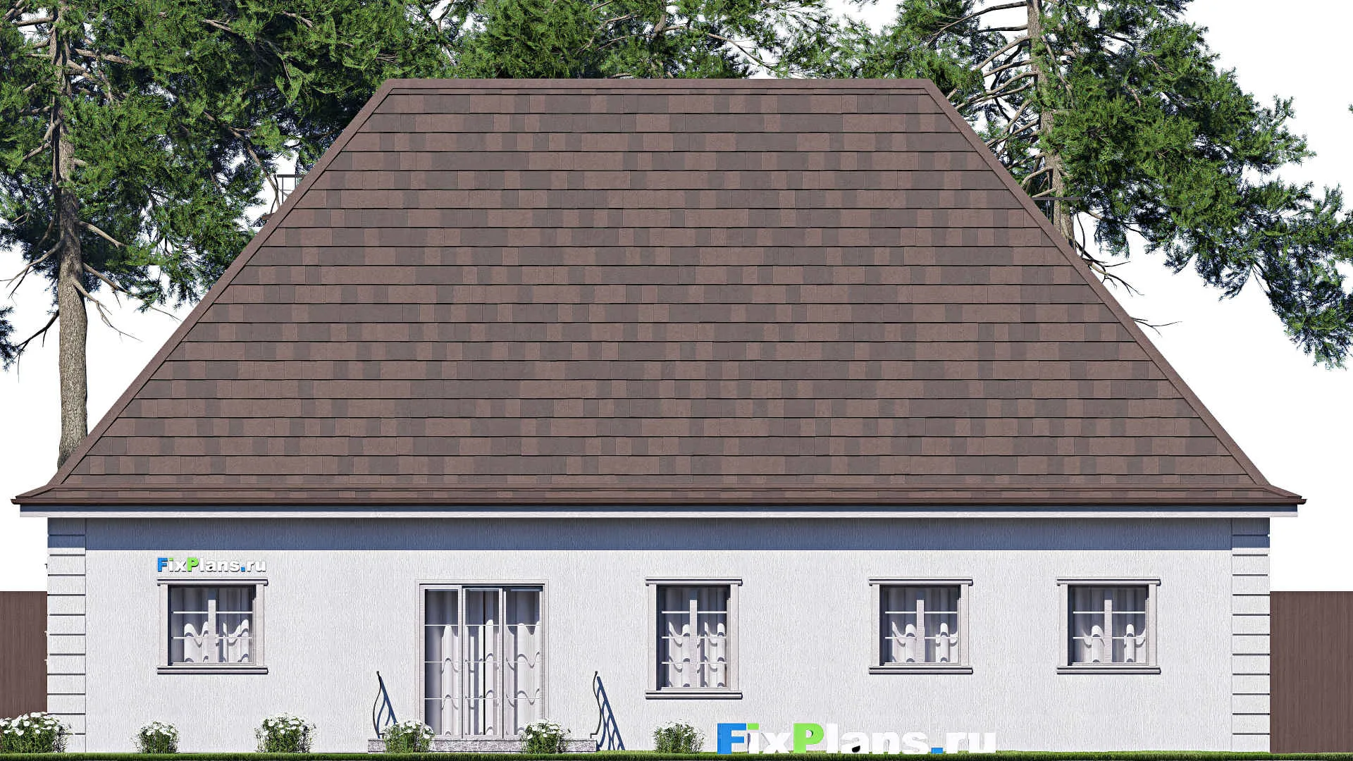 F-20339 - Проект одноэтажного дома 15 на 18, площадью 280 м² с цокольным этажом, баней, гаражом на 2 машины и 3 спальнями