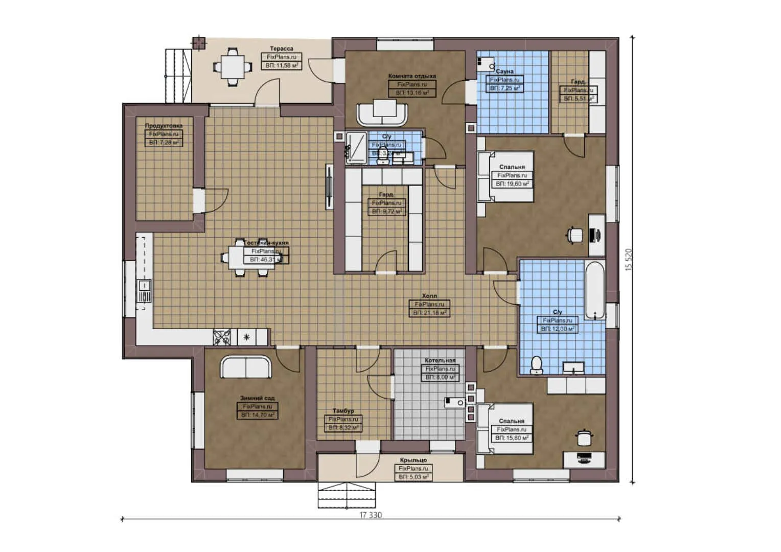 F-1745 - План одноэтажного дома 16 на 18, площадью 210 м² с террасой, баней и 2 спальнями