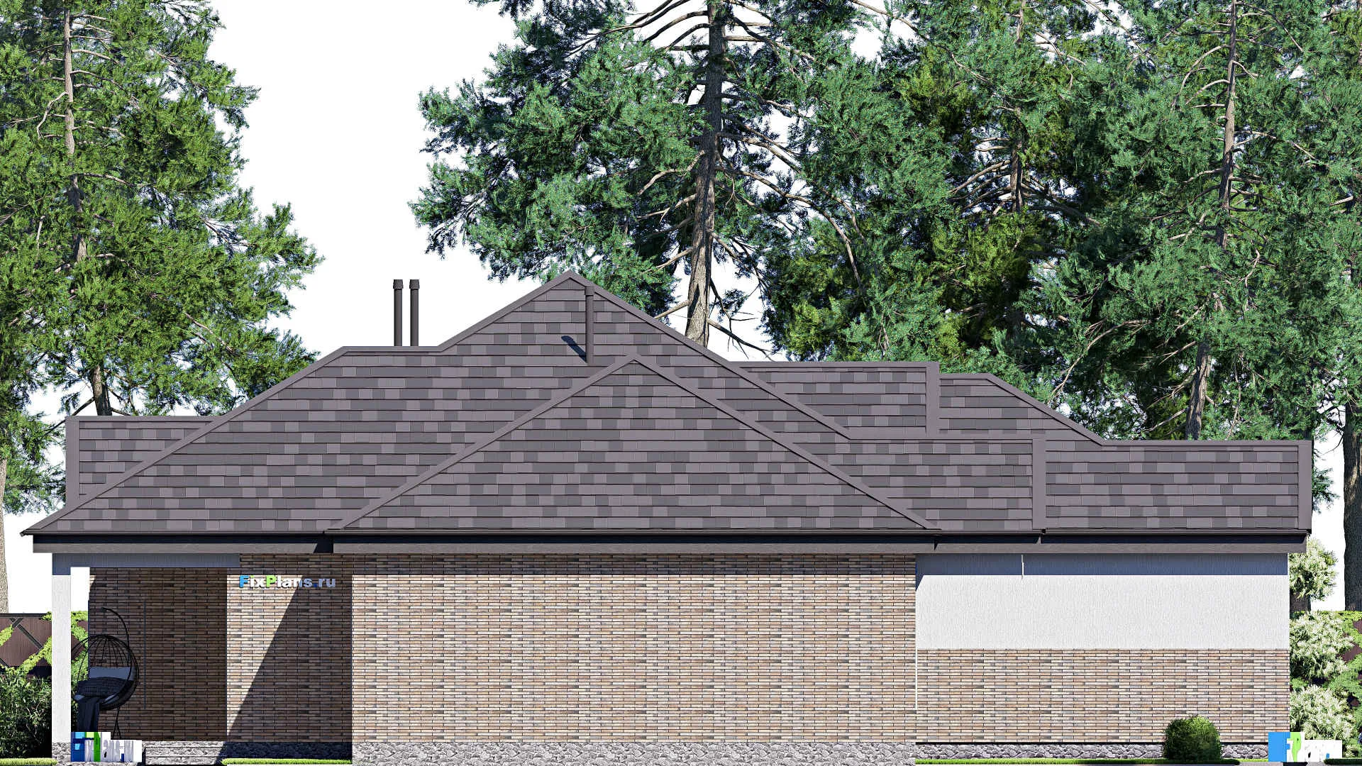 F-20663 - Проект одноэтажного дома 20 на 22, площадью 270 м² с террасой, гаражом на 2 машины и 4 спальнями