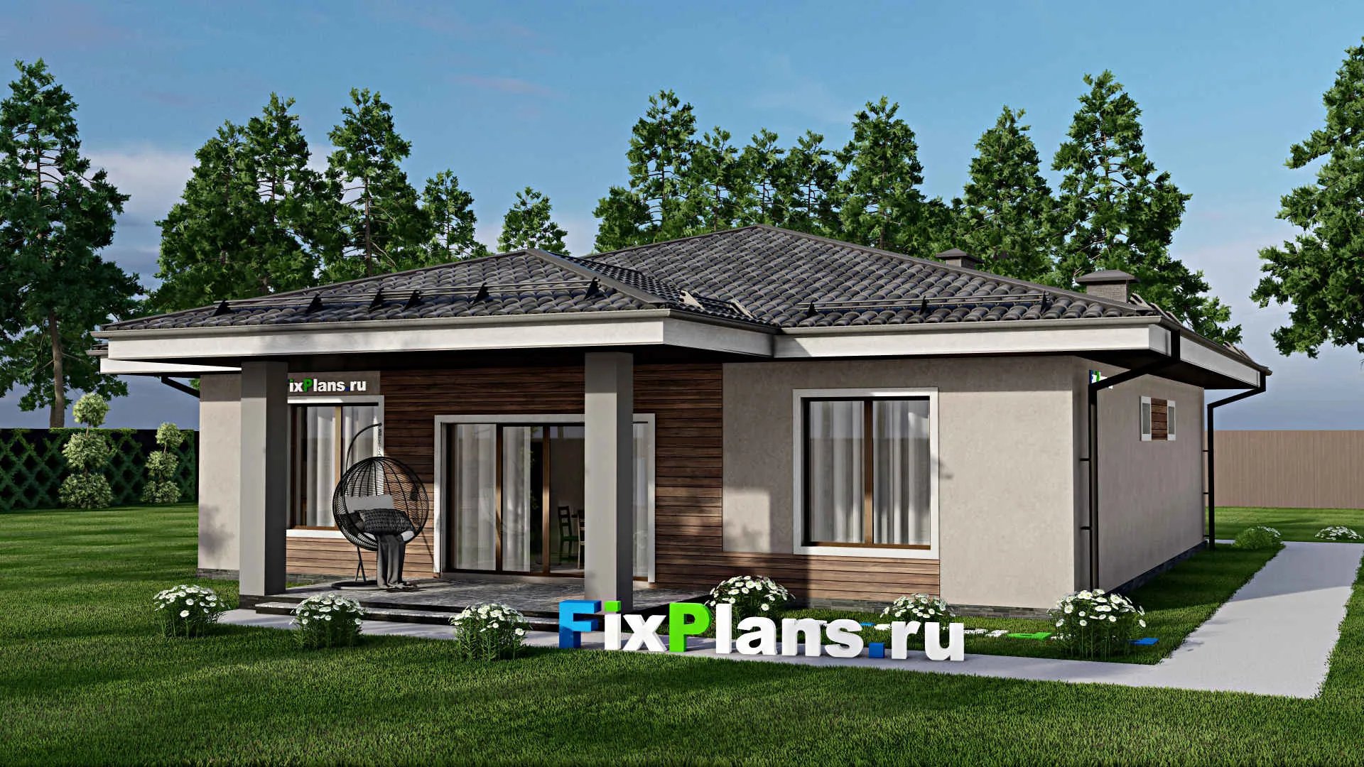 F-10286 - Проект одноэтажного дома 18 на 20, площадью 190 м² с террасой, гаражом на 1 машину и 4 спальнями