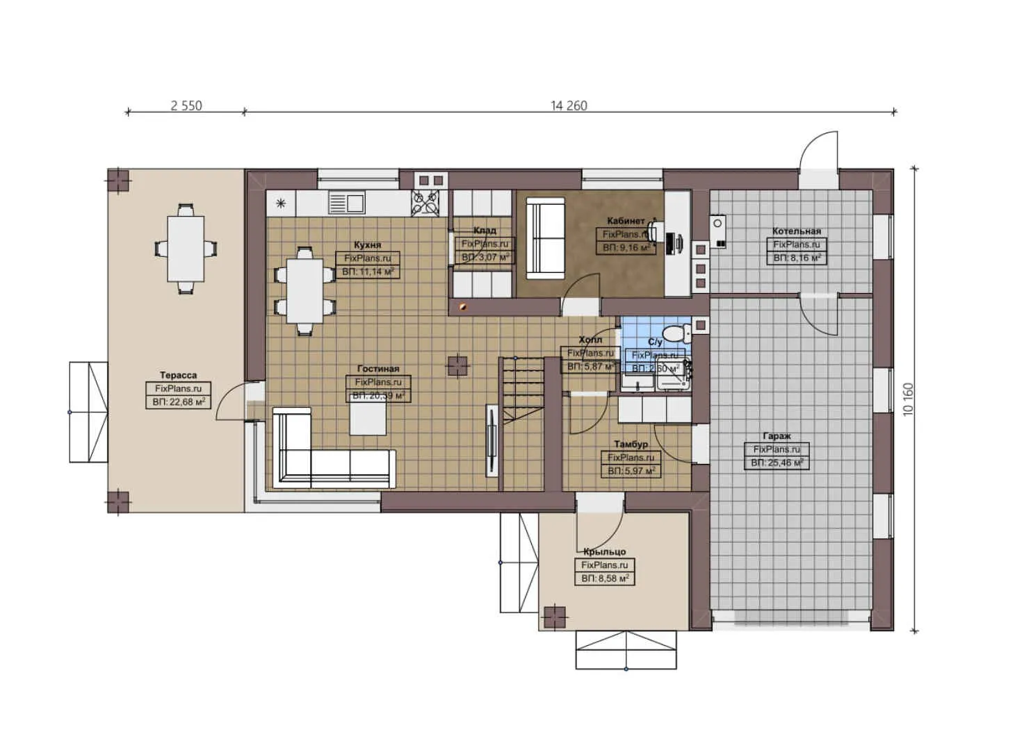 F-1313 - Планы двухэтажного дома 11 на 15, площадью 230 м² с террасой, балконом, гаражом на 1 машину и 3 спальнями