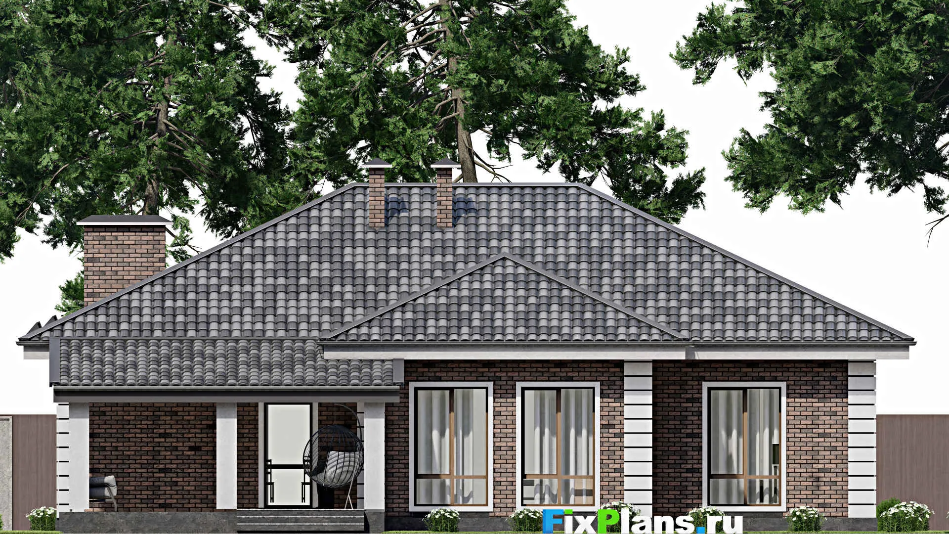 F-9971 - Проект одноэтажного дома 16 на 18, площадью 200 м² с террасой и 4 спальнями