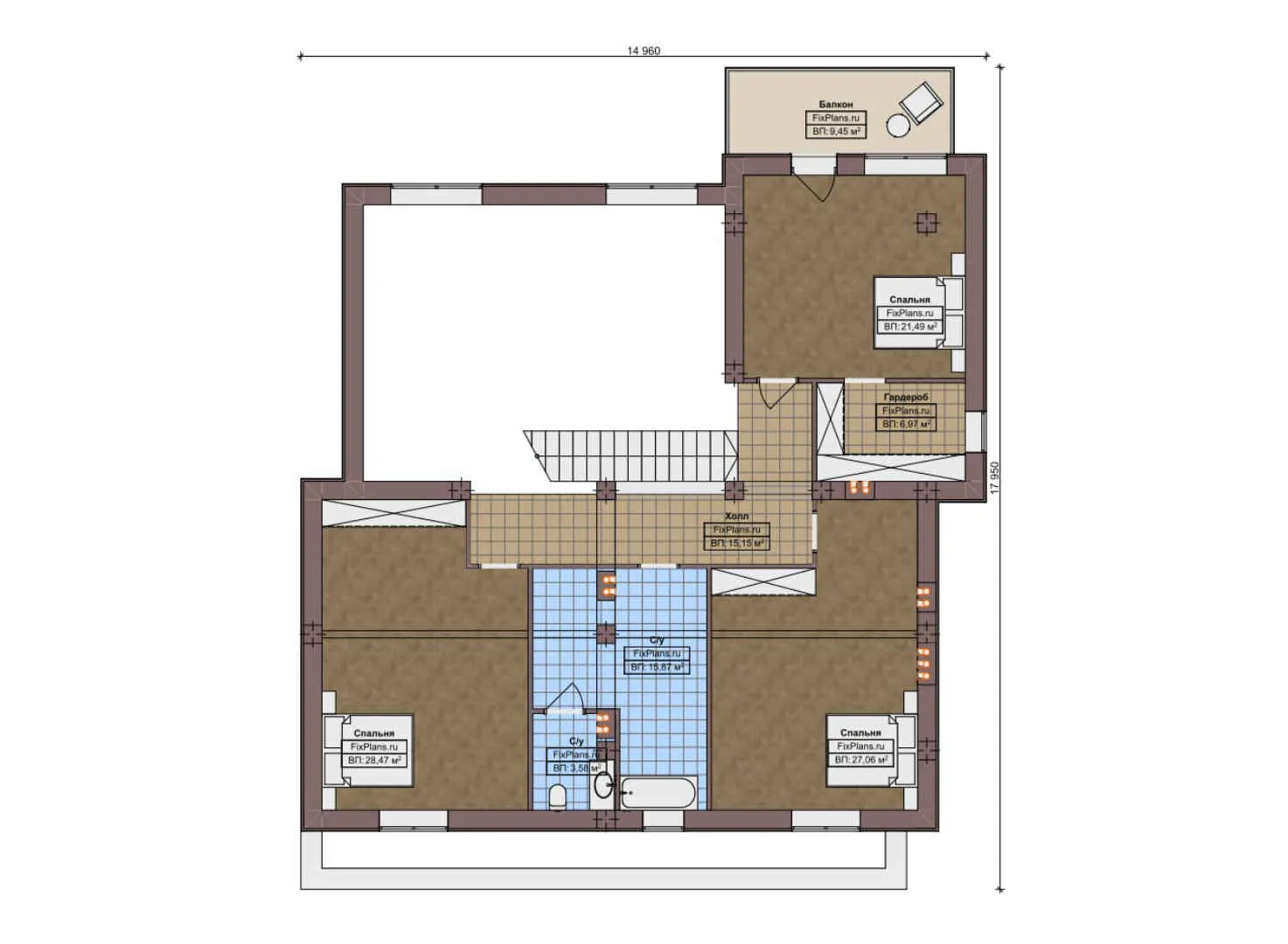 F-11888 - Планы двухэтажного дома 15 на 17, площадью 300 м² с 3 спальнями