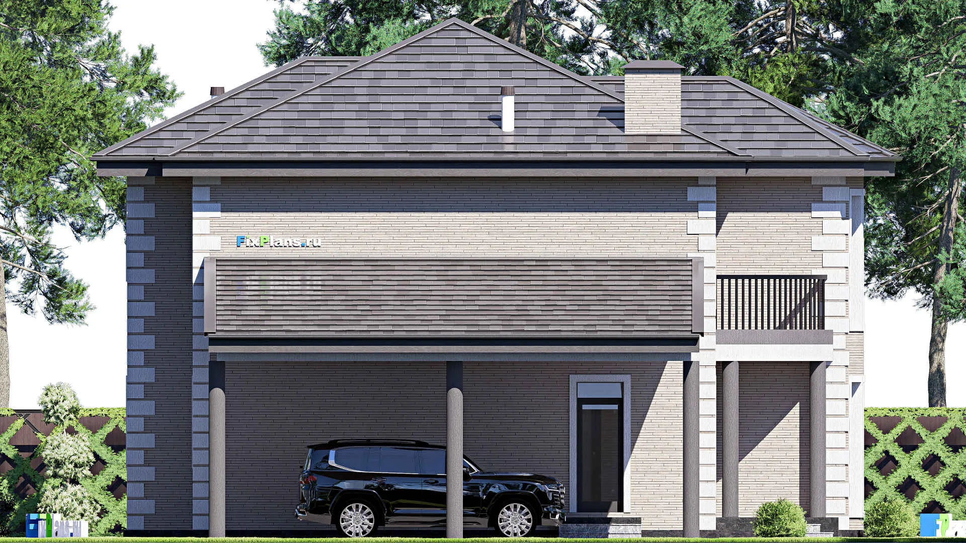 F-20519 - Планы двухэтажного дома 14 на 18, площадью 250 м² с террасой, балконом и 5 спальнями