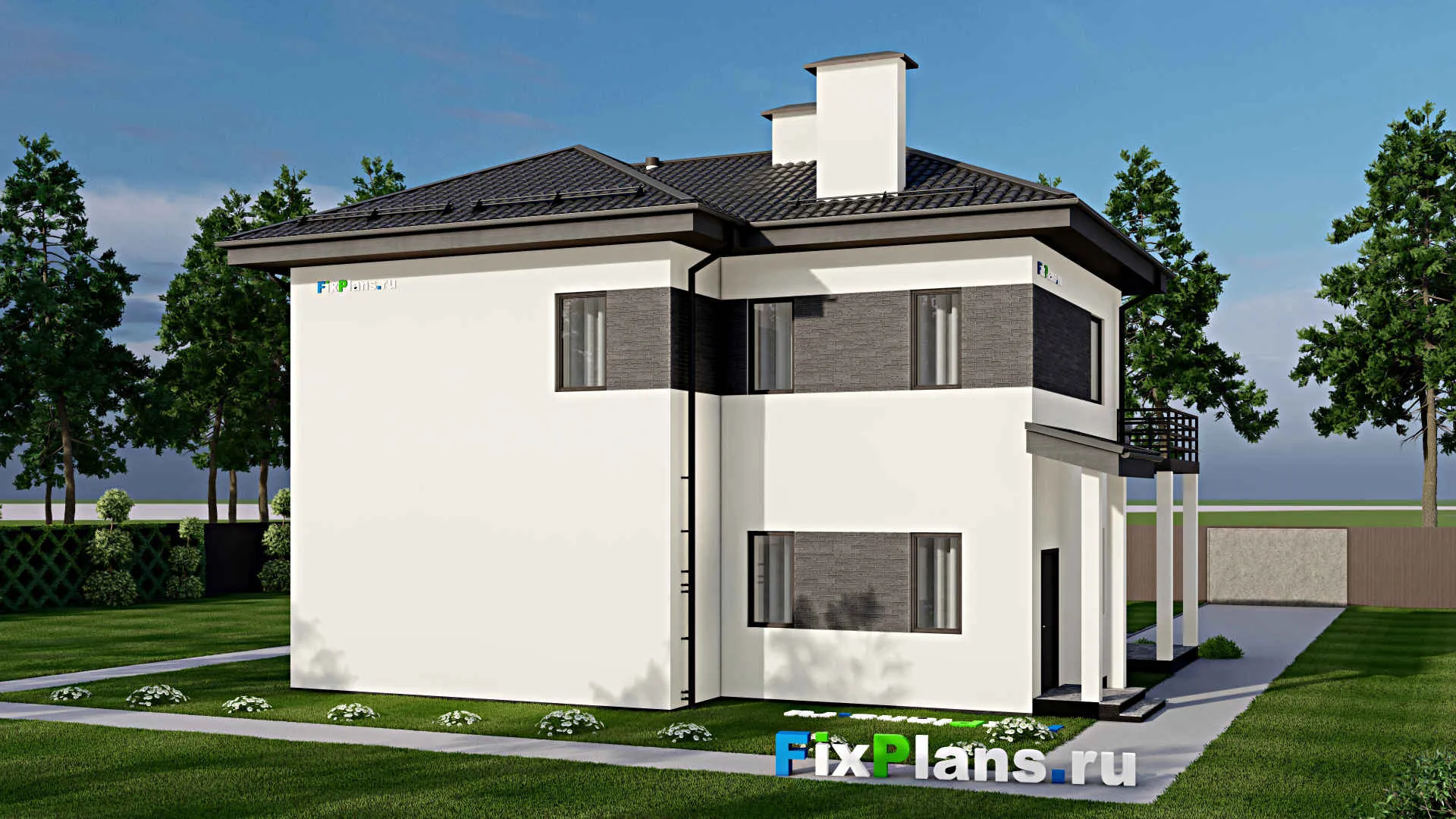 F-5075 - Проект двухэтажного дома 12 на 12, площадью 200 м² с террасой, балконом и 4 спальнями