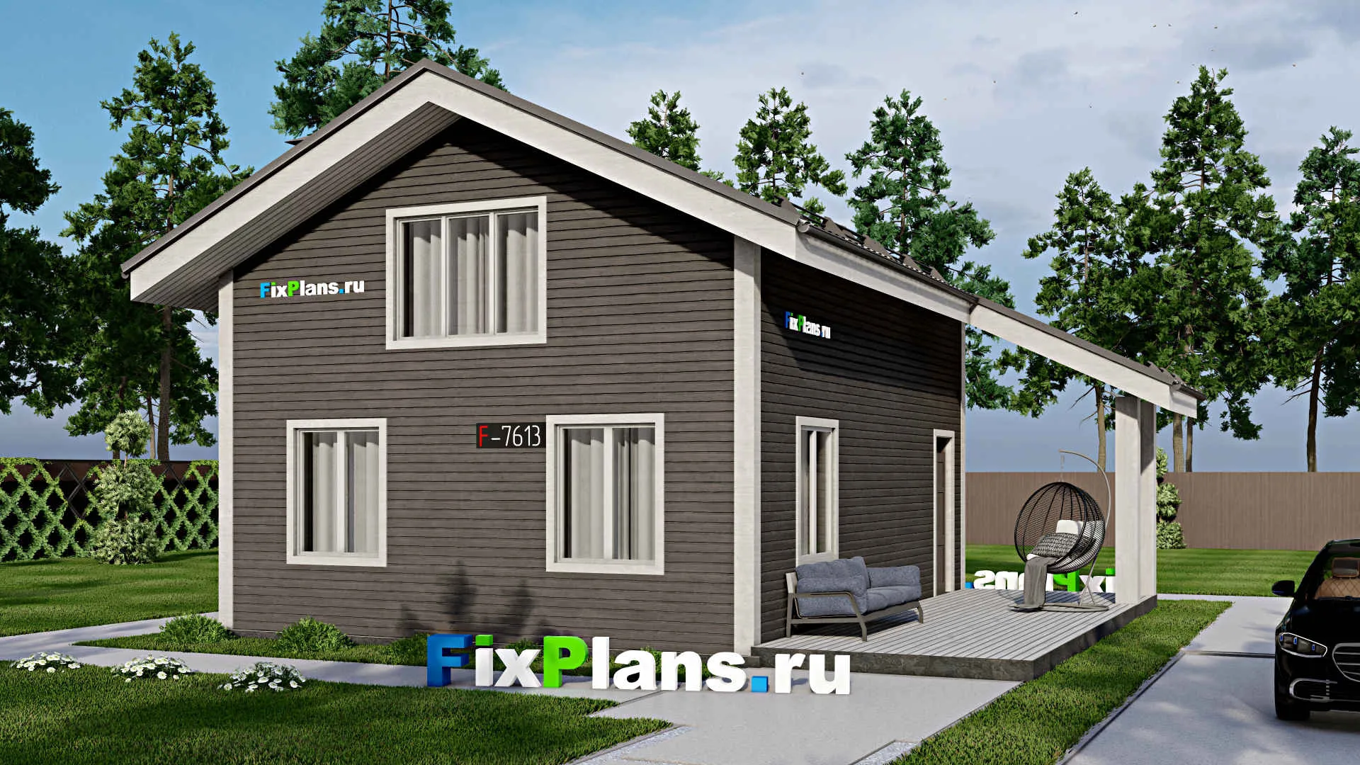 F-7613 - Проект дома с мансардой 10 на 11, площадью 130 м² с террасой, баней и 2 спальнями