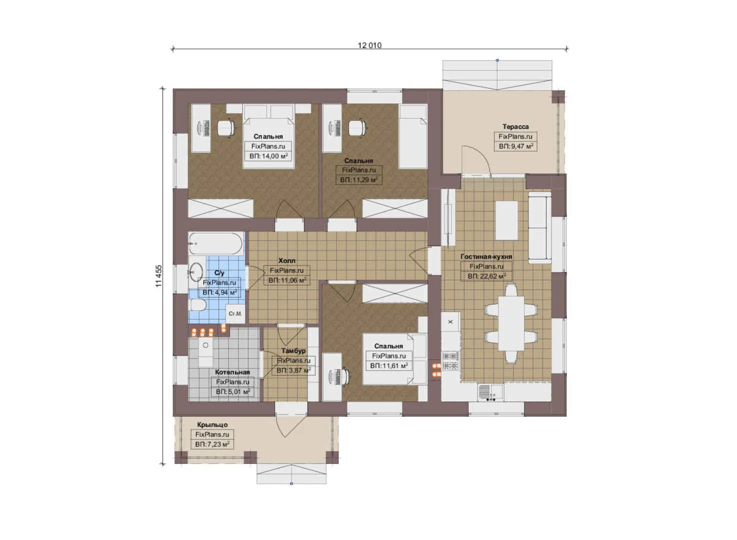 F-12860 - План одноэтажного дома 12 на 13, площадью 110 м² с террасой и 3 спальнями