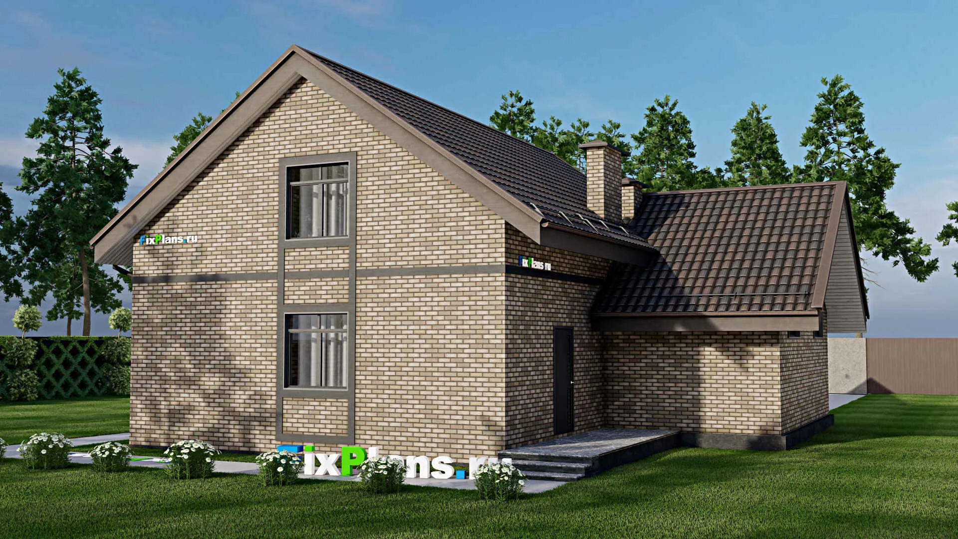 F-6650 - Проект дома с мансардой 13 на 13, площадью 160 м² с террасой, гаражом на 1 машину и 4 спальнями