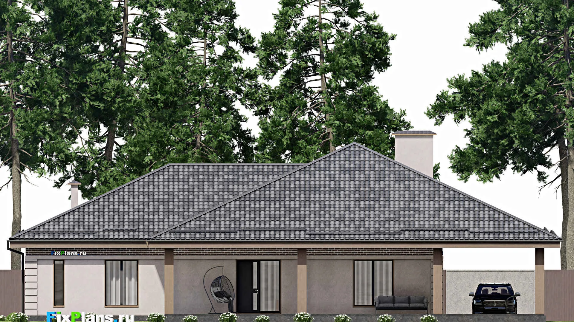 F-7730 - Проект одноэтажного дома 15 на 19, площадью 310 м² с террасой и 4 спальнями