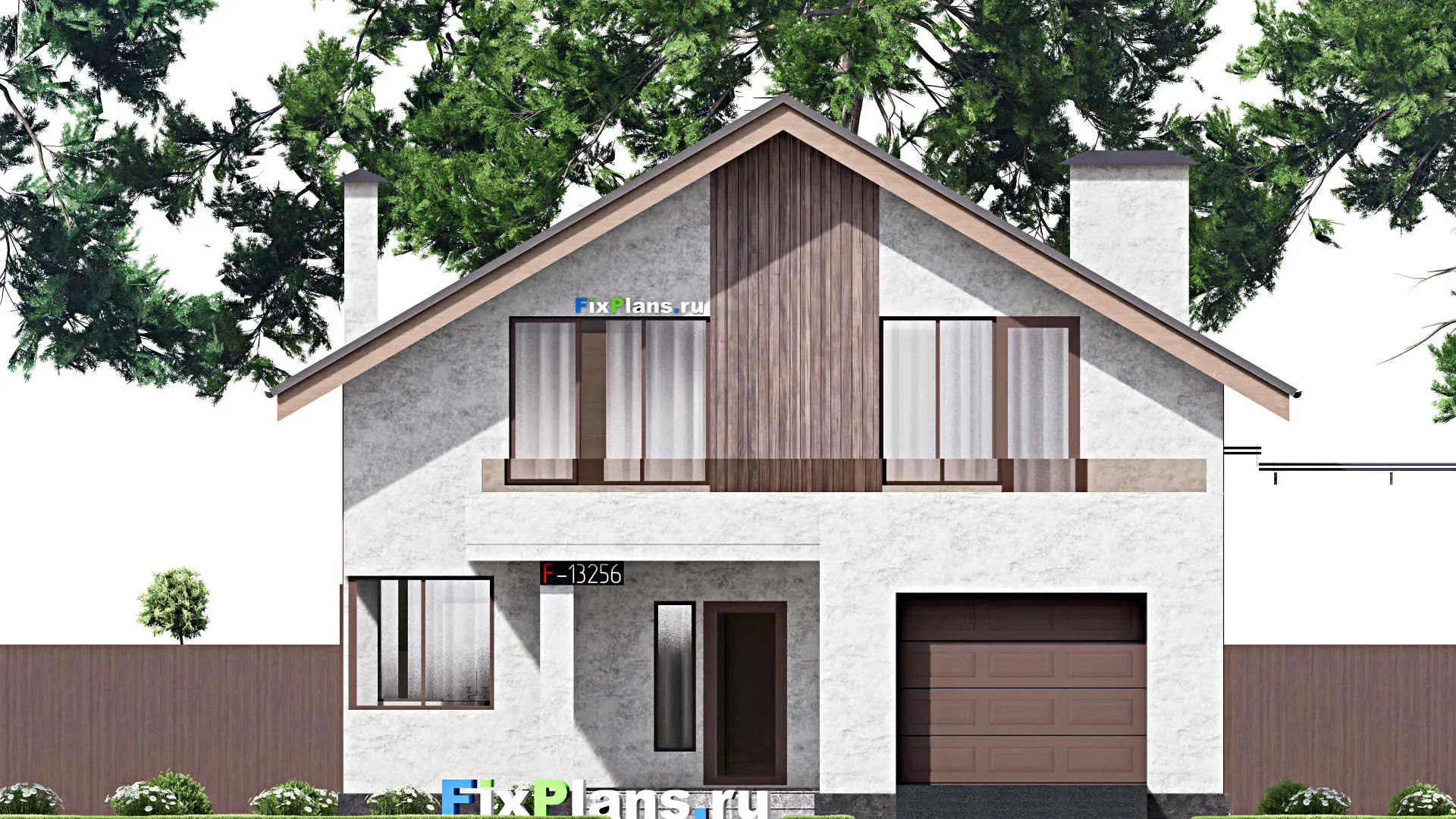 F-13256 - Проект дома с мансардой 11 на 17, площадью 240 м² с террасой, гаражом на 1 машину и 4 спальнями