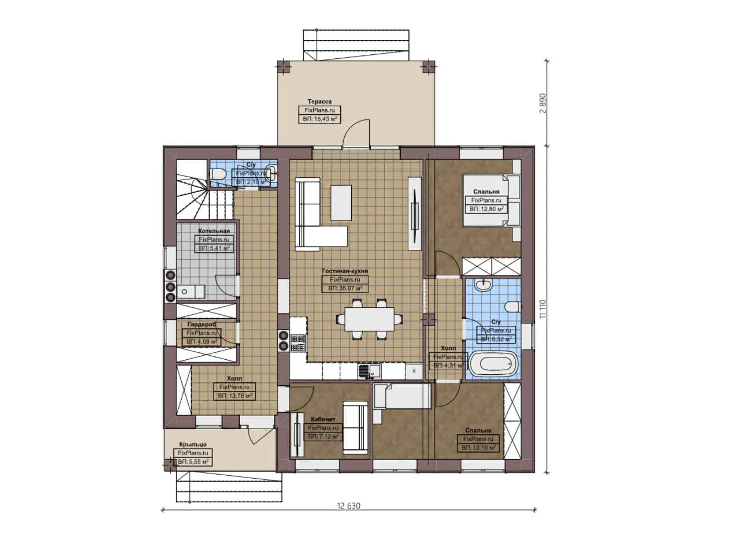 F-3050 - Планы дома с мансардой 12 на 13, площадью 200 м² с террасой и 5 спальнями