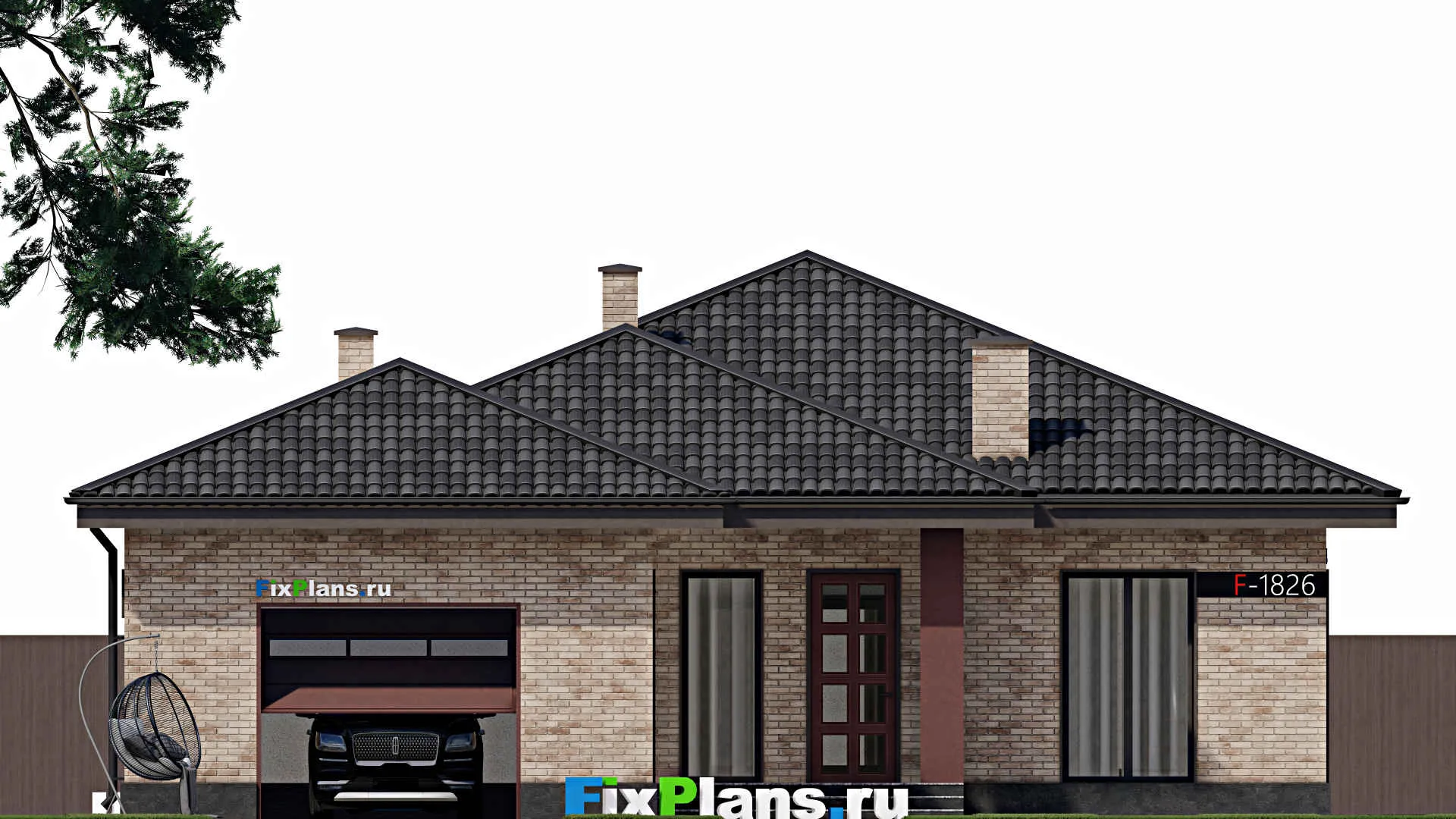 F-1826 - Проект одноэтажного дома 14 на 19, площадью 160 м² с гаражом на 1 машину и 3 спальнями