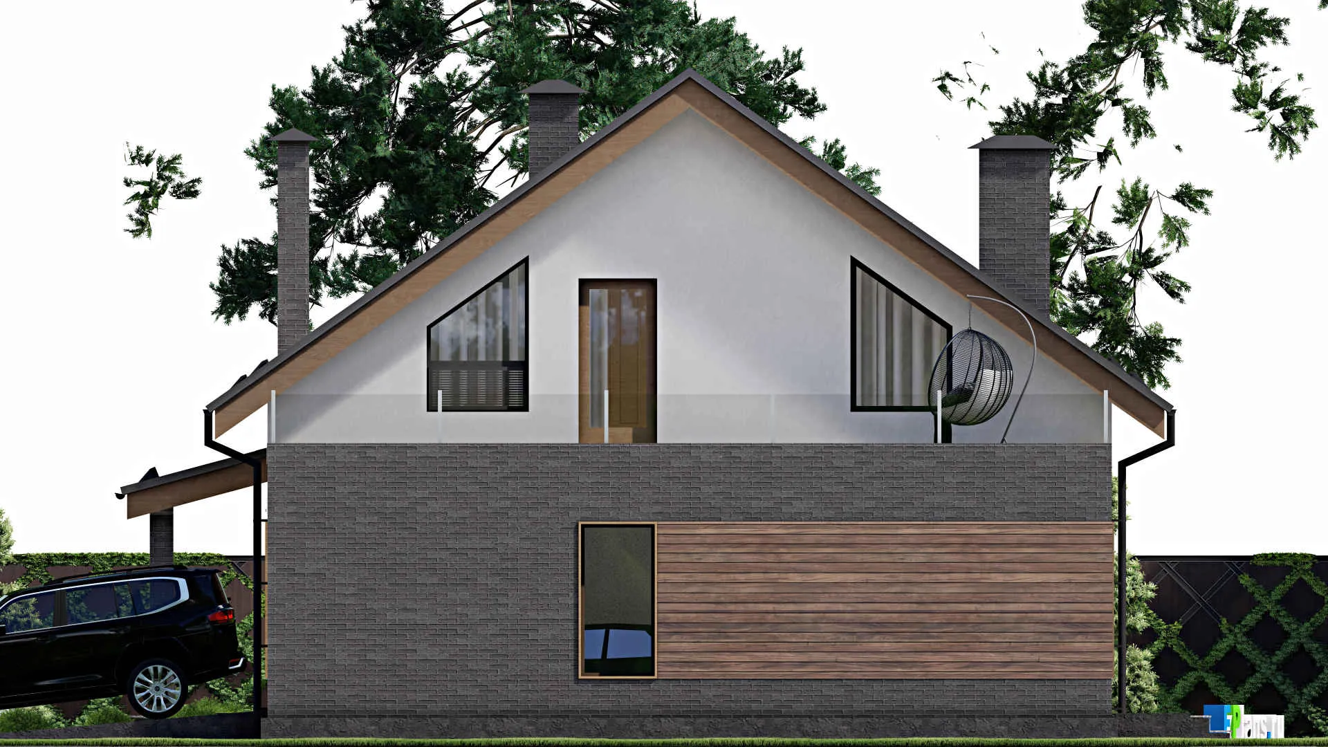 F-9530 - Проект дома с мансардой 14 на 16, площадью 260 м² с балконом, гаражом на 1 машину и 3 спальнями