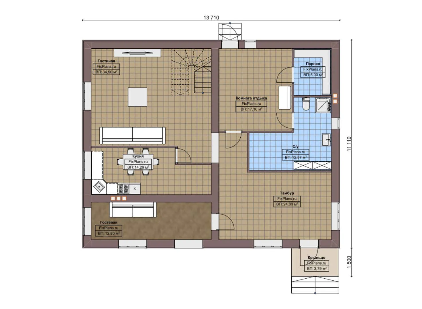 F-5921 - Планы двухэтажного дома 12 на 14, площадью 250 м² с балконом, баней и 4 спальнями