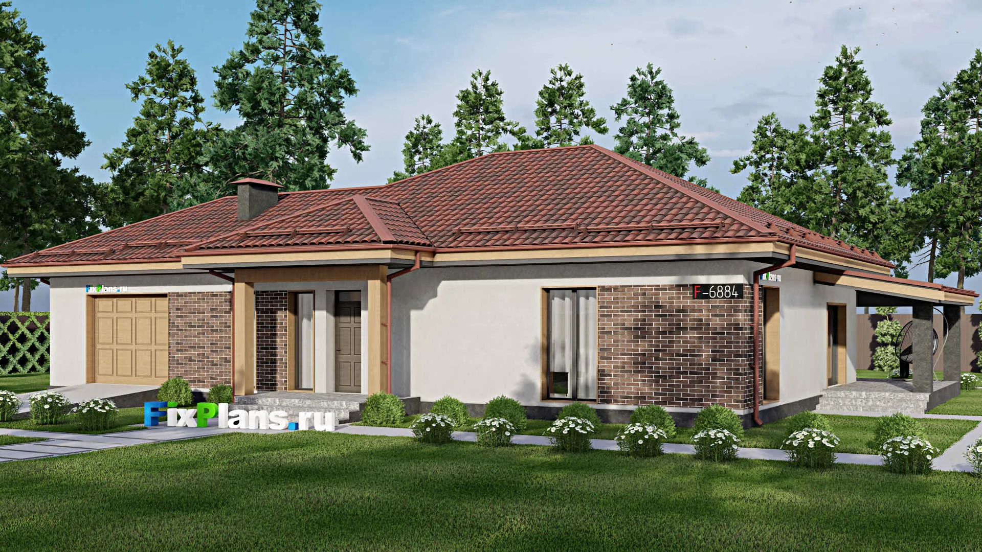 F-6884 - Проект одноэтажного дома 15 на 22, площадью 190 м² с террасой, гаражом на 1 машину и 3 спальнями