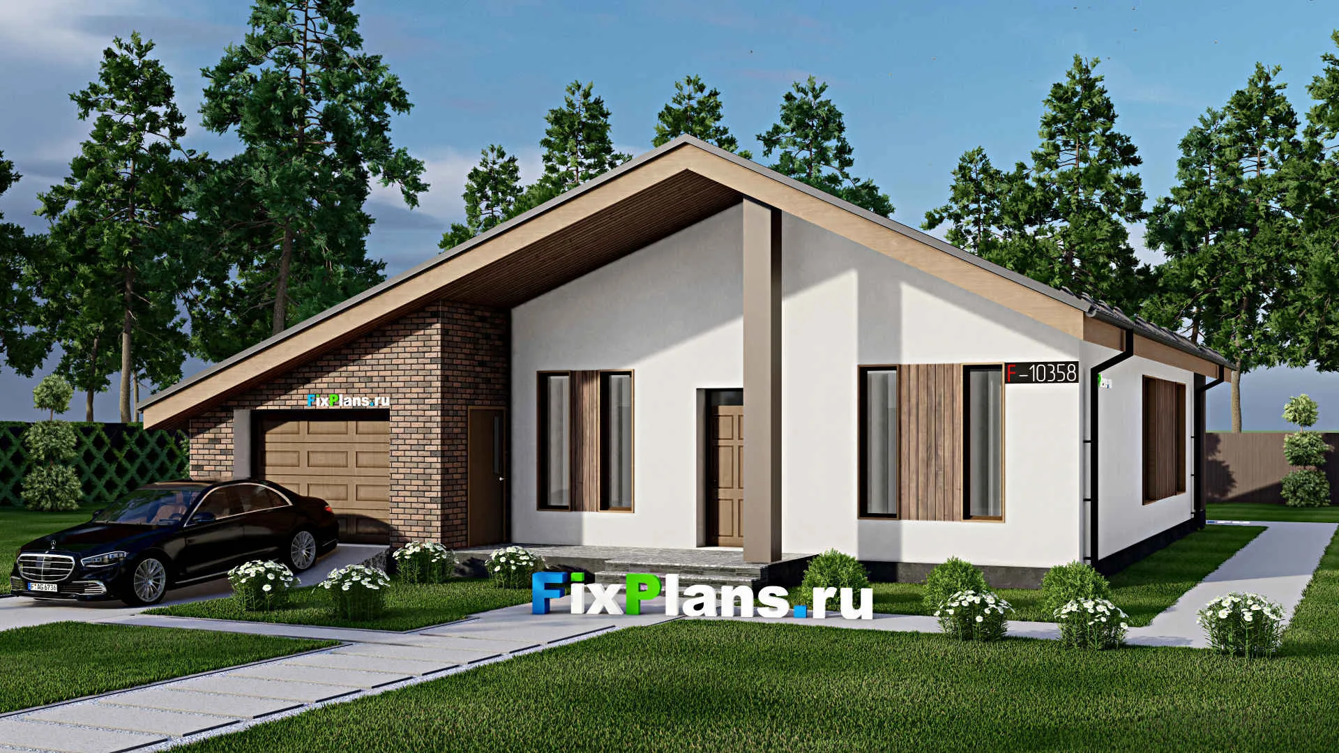 F-10358 - Проект одноэтажного дома 14 на 18, площадью 170 м² с террасой, гаражом на 1 машину и 3 спальнями