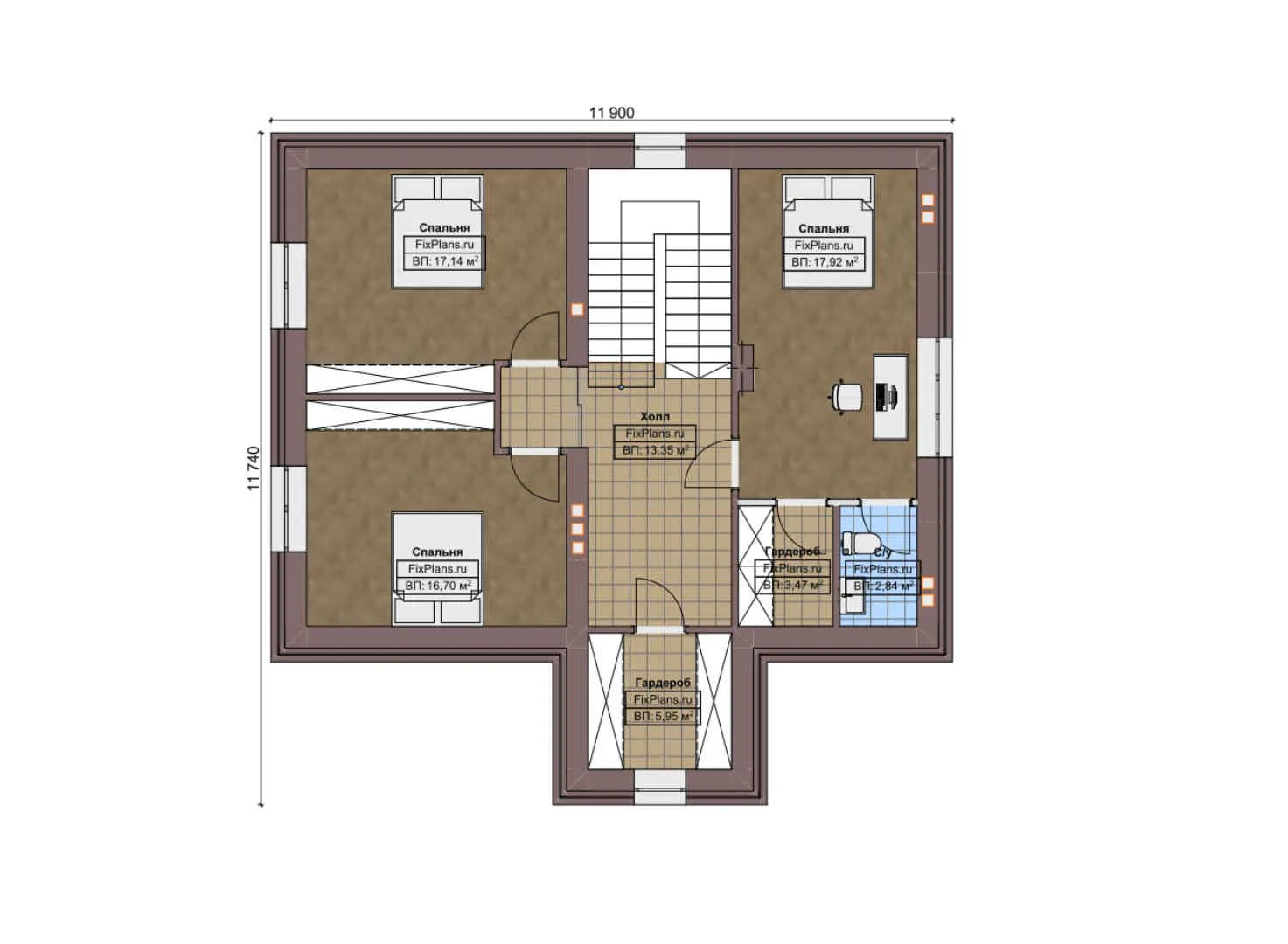 F-5786 - Планы дома с мансардой 12 на 12, площадью 210 м² с террасой и 3 спальнями