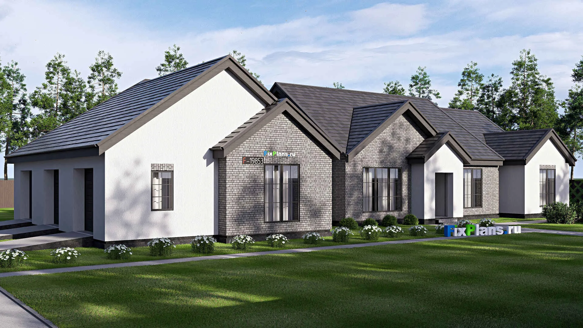 F-19853 - Проект одноэтажного дома 25 на 32, площадью 460 м² с террасой, гаражом на 2 машины и 4 спальнями