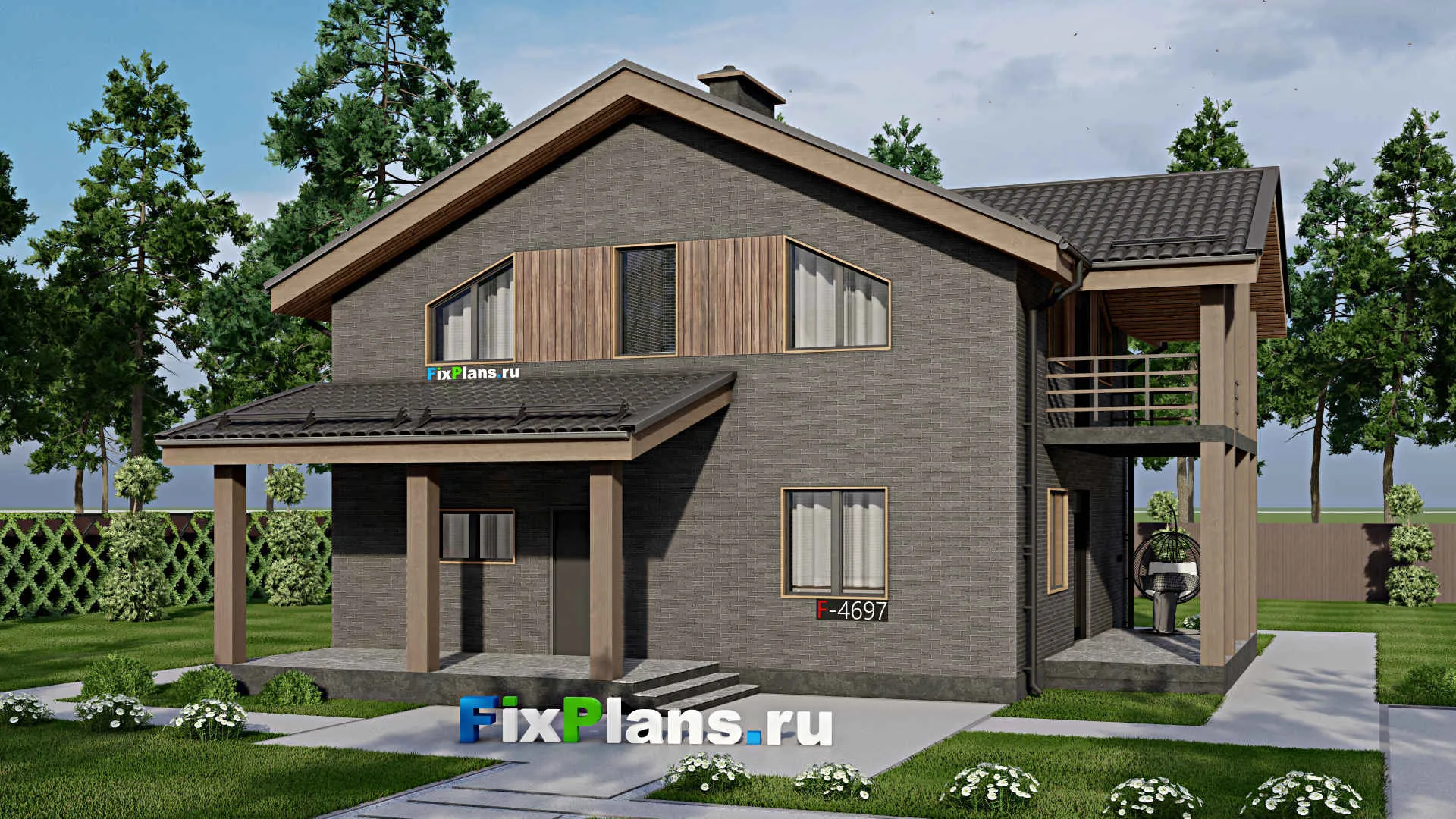 F-4697 - Проект дома с мансардой 11 на 11, площадью 210 м² с террасой, балконом и 4 спальнями