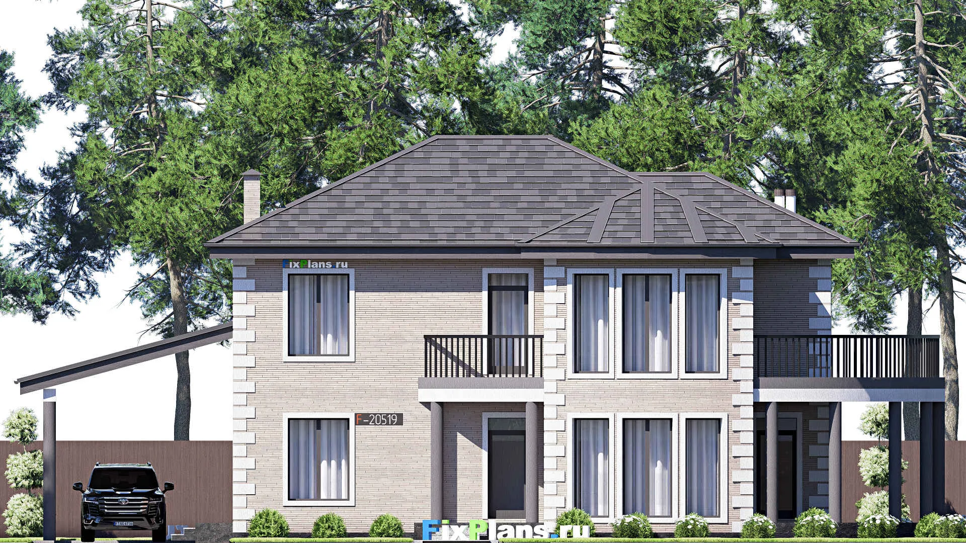 F-20519 - Планы двухэтажного дома 14 на 18, площадью 250 м² с террасой, балконом и 5 спальнями