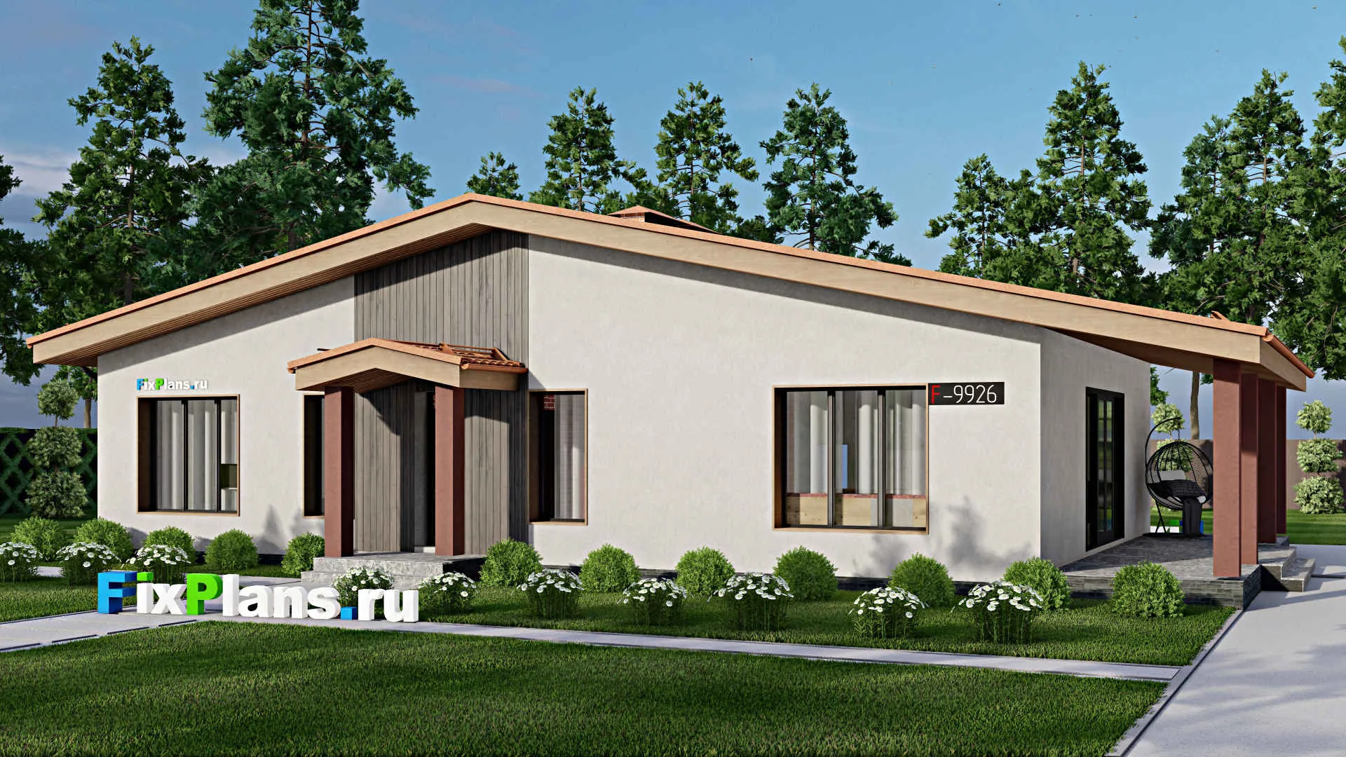 F-9926 - Проект одноэтажного дома 12 на 19, площадью 170 м² с террасой и 3 спальнями