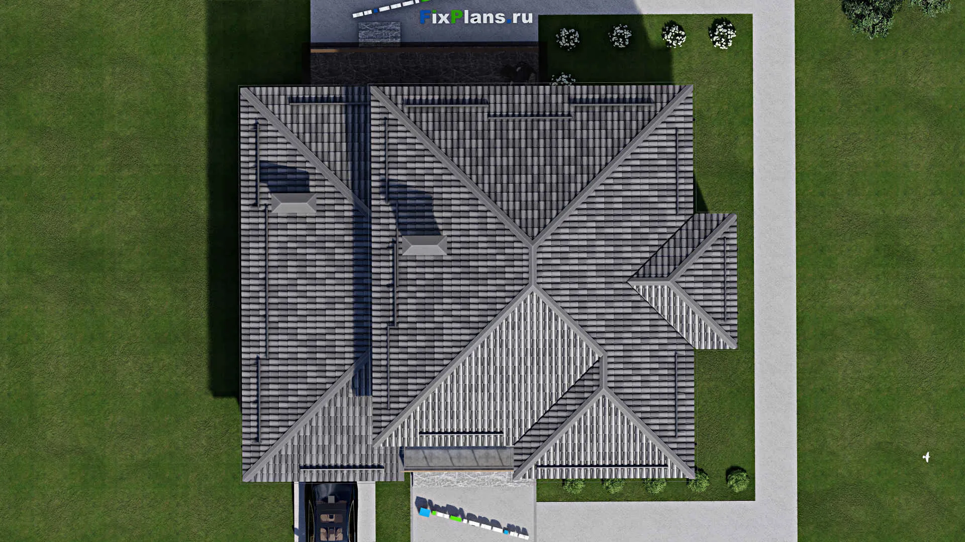 F-5813 - Проект двухэтажного дома 13 на 15, площадью 270 м² с террасой, балконом, гаражом на 2 машины и 5 спальнями