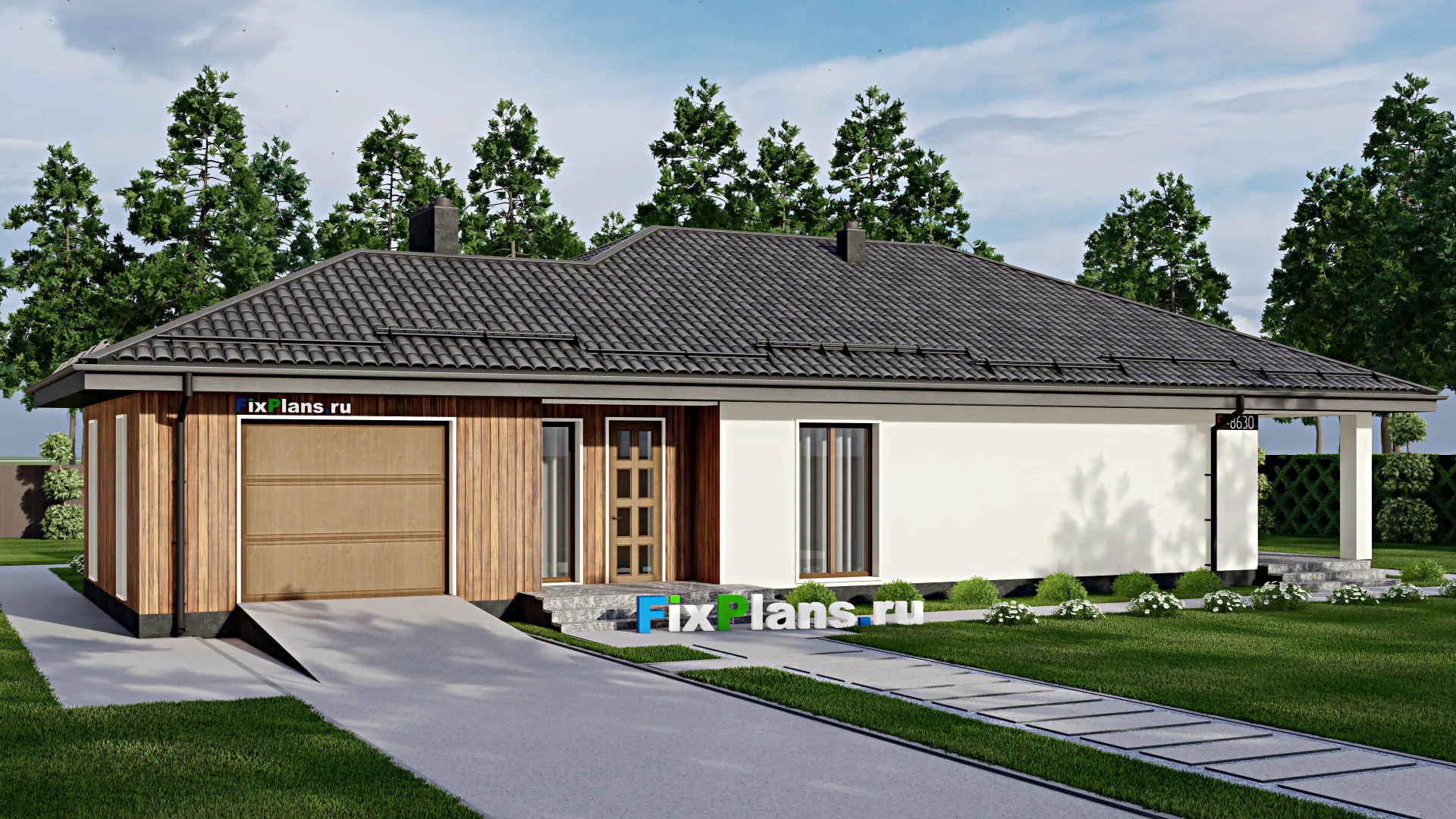 F-8630 - Проект одноэтажного дома 12 на 23, площадью 220 м² с террасой, гаражом на 1 машину и 3 спальнями