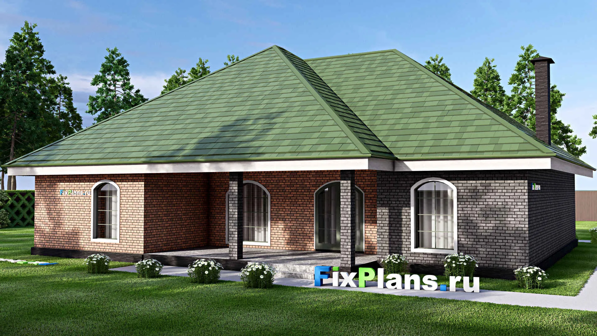 F-16820 - Проект одноэтажного дома 18 на 22, площадью 240 м² с террасой, гаражом на 2 машины и 3 спальнями