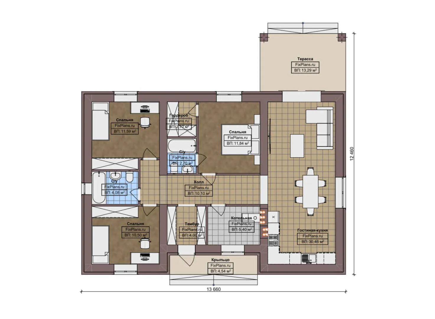 F-10799 - План одноэтажного дома 13 на 14, площадью 120 м² с террасой и 3 спальнями