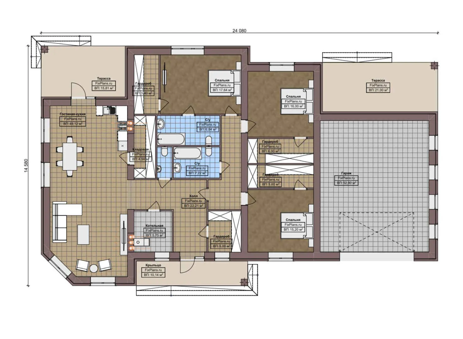 F-6740 - План одноэтажного дома 15 на 25, площадью 270 м² с террасой, гаражом на 2 машины и 3 спальнями