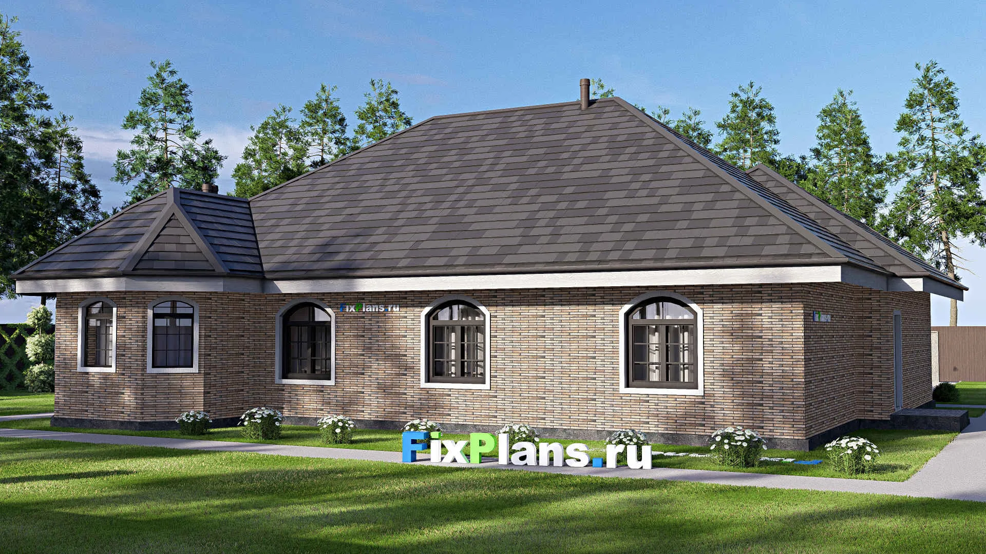 F-20168 - Проект одноэтажного дома 16 на 19, площадью 200 м² с гаражом на 2 машины и 3 спальнями