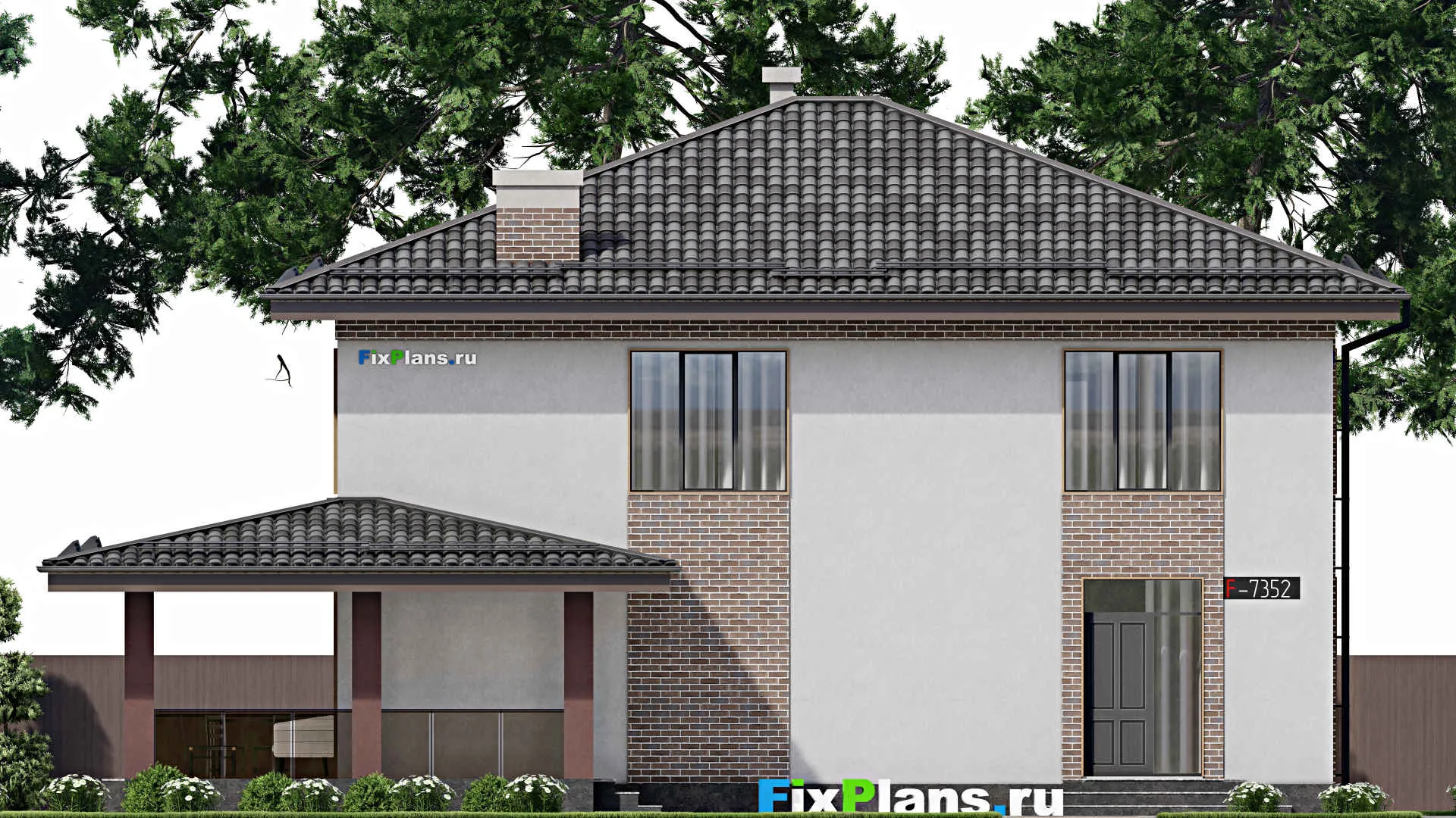 F-7352 - Планы двухэтажного дома 16 на 16, площадью 290 м² с террасой и 3 спальнями