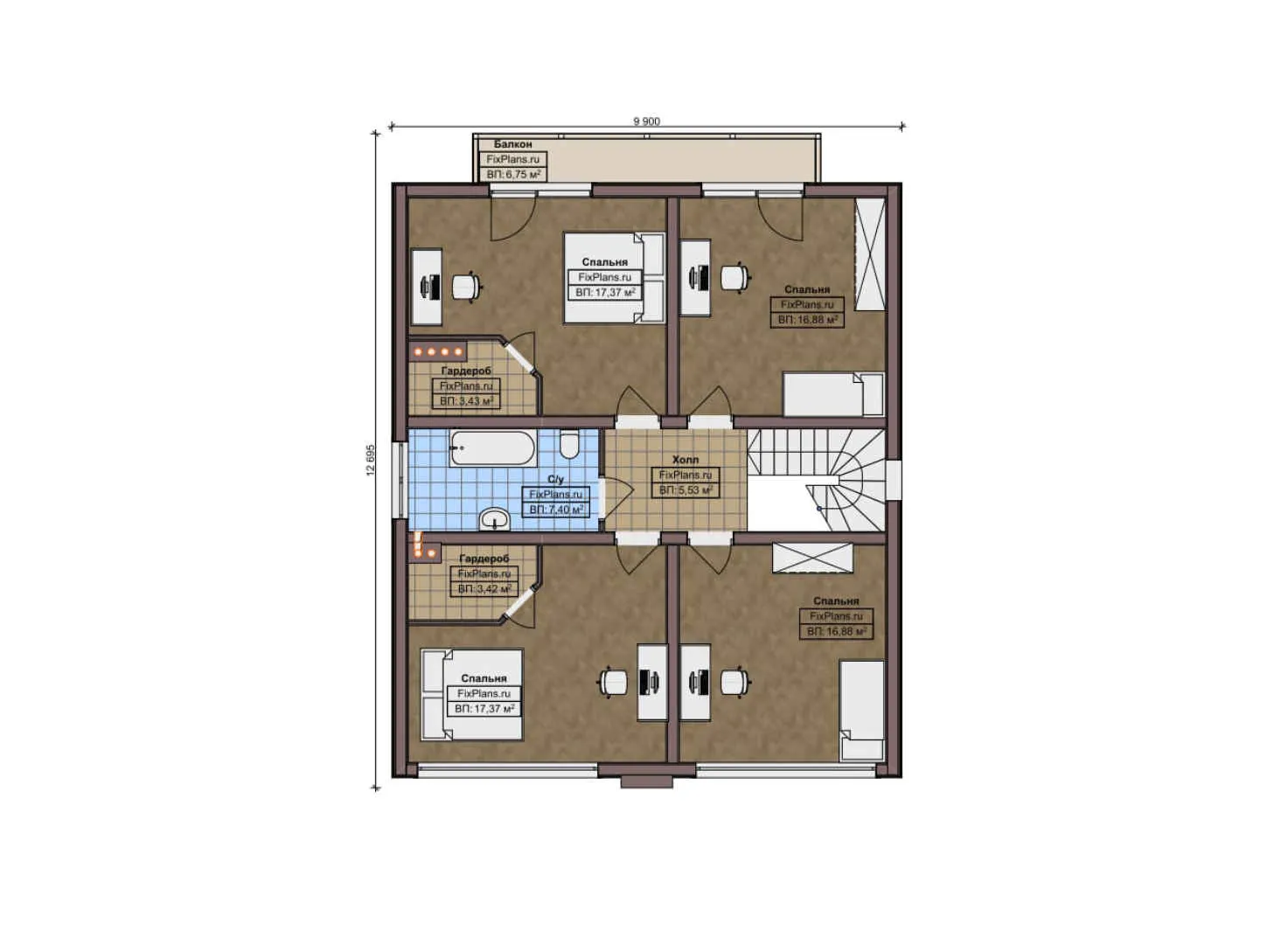 F-9674 - Планы дома с мансардой 12 на 15, площадью 230 м² с террасой, балконом и 4 спальнями