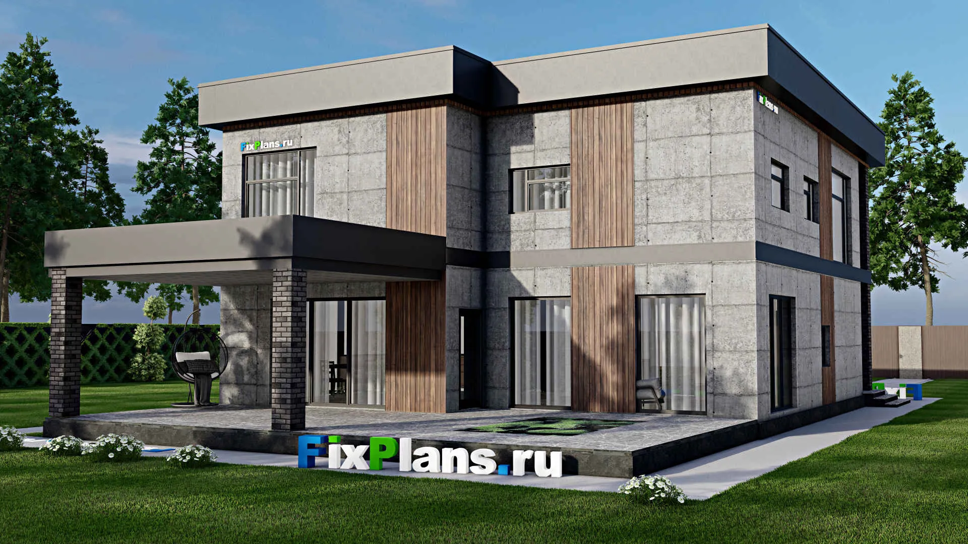 F-9845 - Проект двухэтажного дома 13 на 19, площадью 550 м² с террасой, балконом, баней, бассейном и 8 спальнями