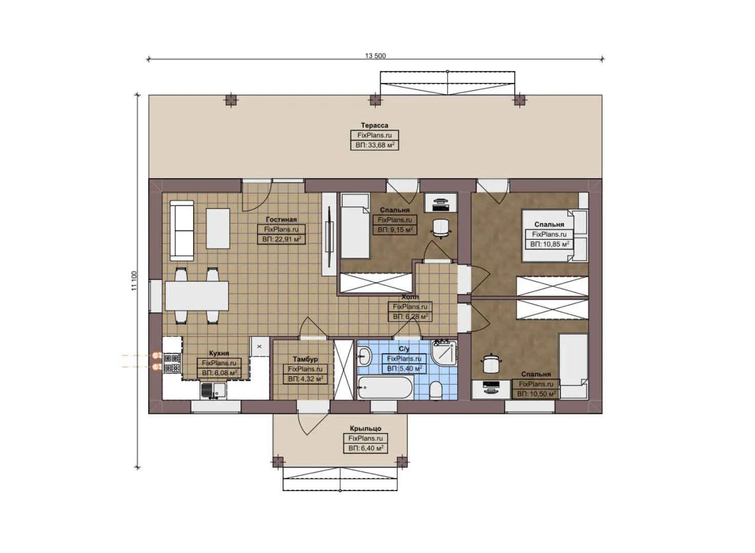 F-7622 - План одноэтажного дома 12 на 14, площадью 120 м² с террасой и 3 спальнями