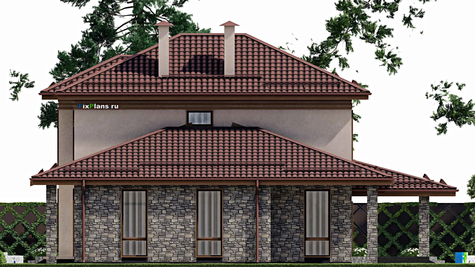 F-2222 - Проект двухэтажного дома 12 на 15, площадью 200 м² с террасой, гаражом на 1 машину и 5 спальнями