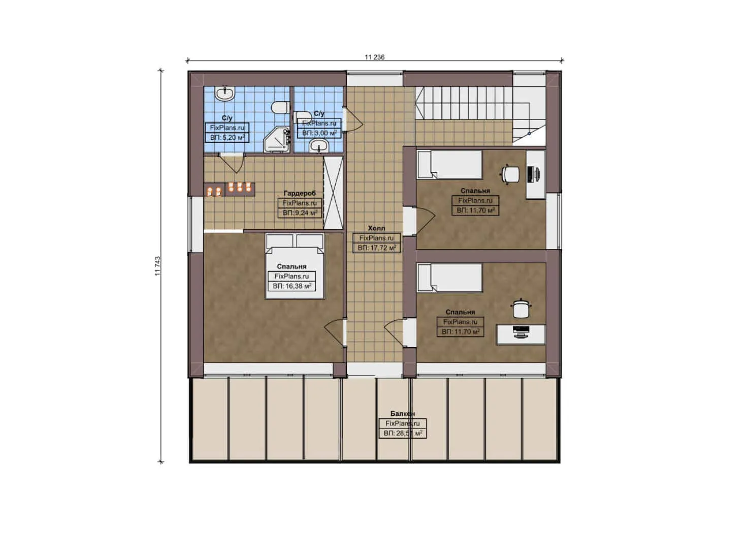F-9314 - Планы двухэтажного дома 12 на 15, площадью 220 м² с террасой, балконом и 4 спальнями