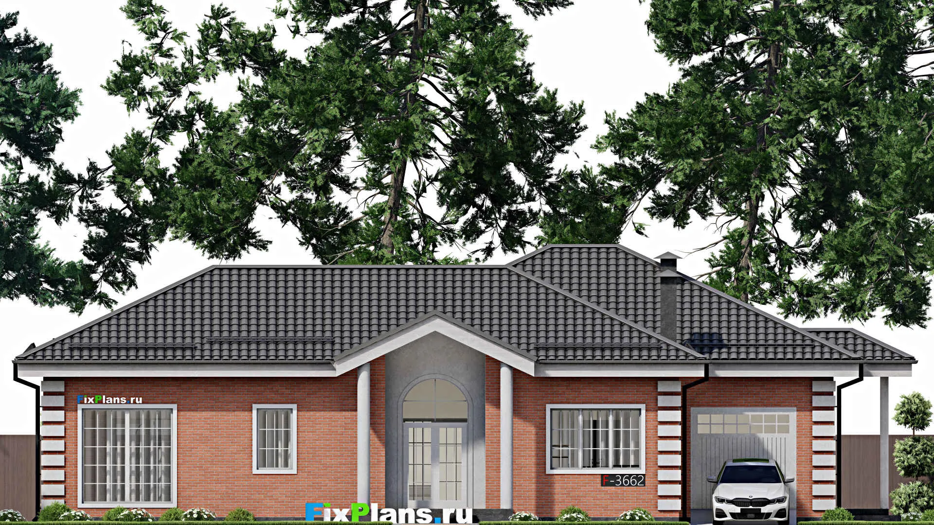 F-3662 - Проект одноэтажного дома 15 на 19, площадью 210 м² с террасой, гаражом на 1 машину и 3 спальнями